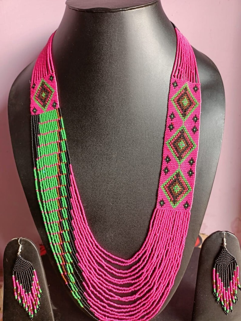 Handmade Necklace Seed Bead Boho American Style Nativ Beaded Multi Strand