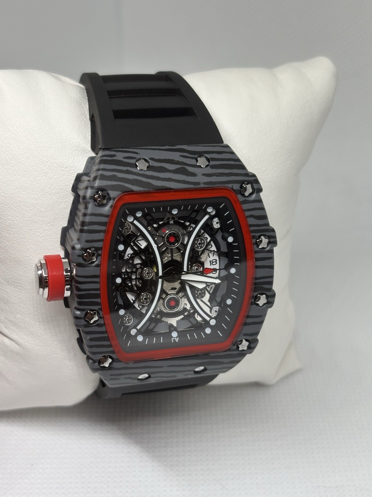MENS Luxury Skeleton Quartz Watch Gray Carbon Style Red Bezel Box & Papers