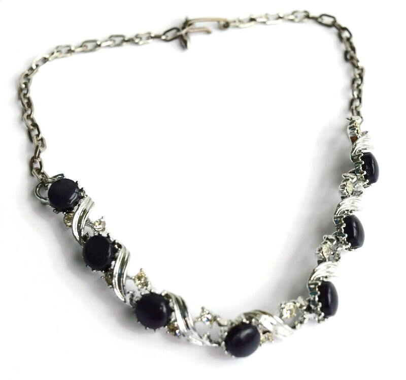 Vintage 1950’s Moon Glow Slate Blue Lucite Thermoset silver link choker necklace