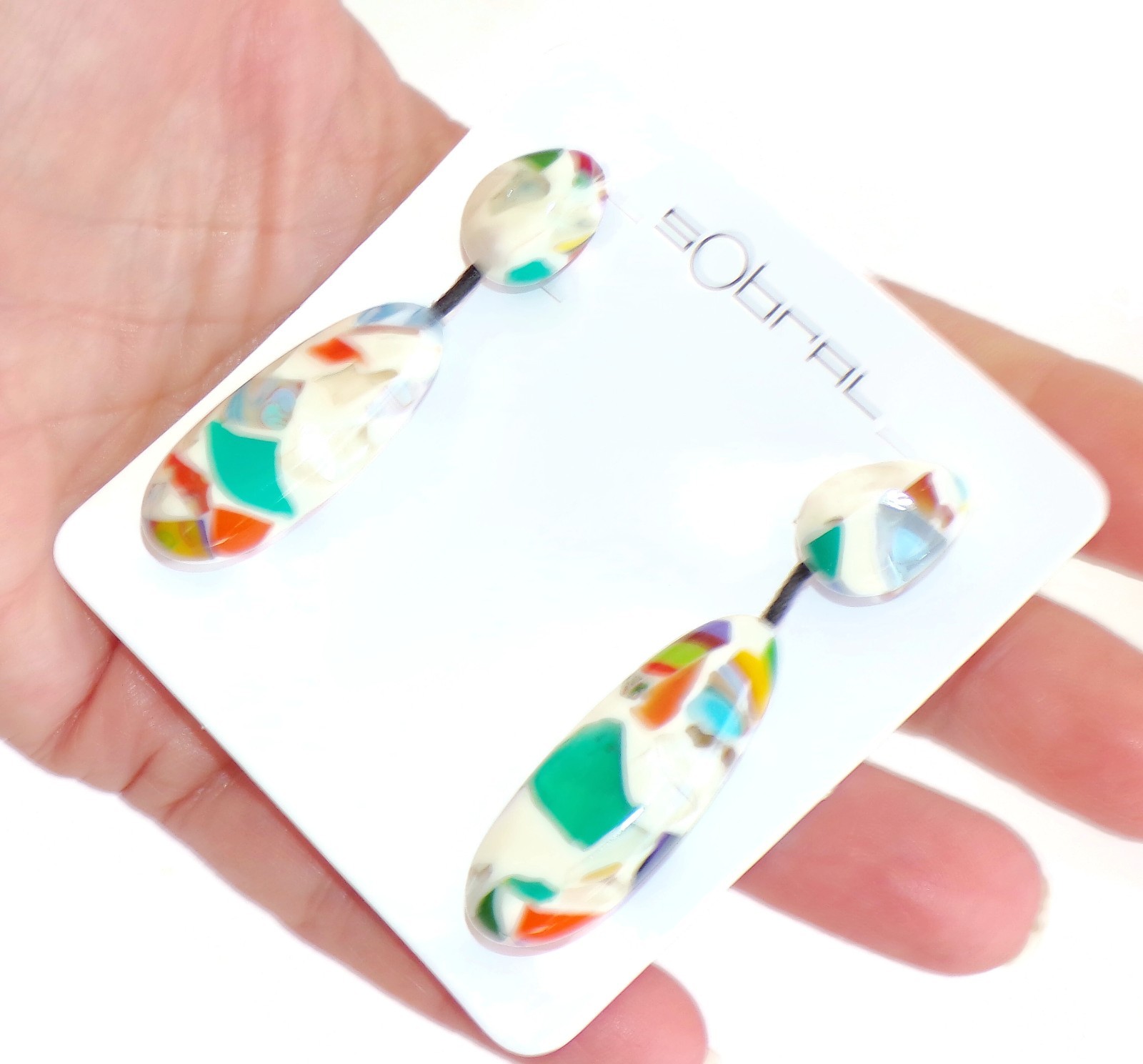 Sobral Caillou Multicolor Mosaic White Bead Artist Made Dangle Post Earrings