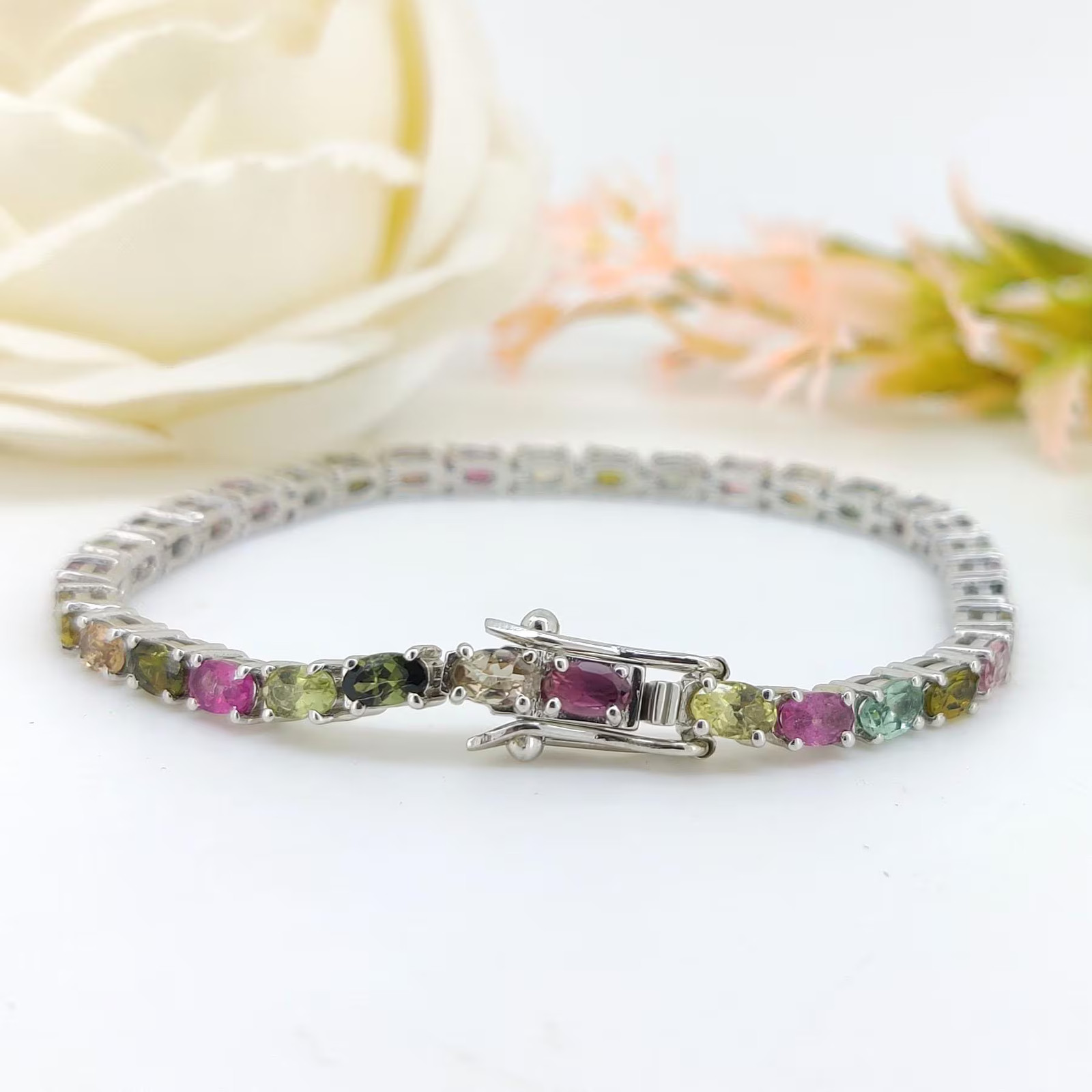Natural Multi Tourmaline Tennis Bracelet Sterling Silver Jewelry gift for wife