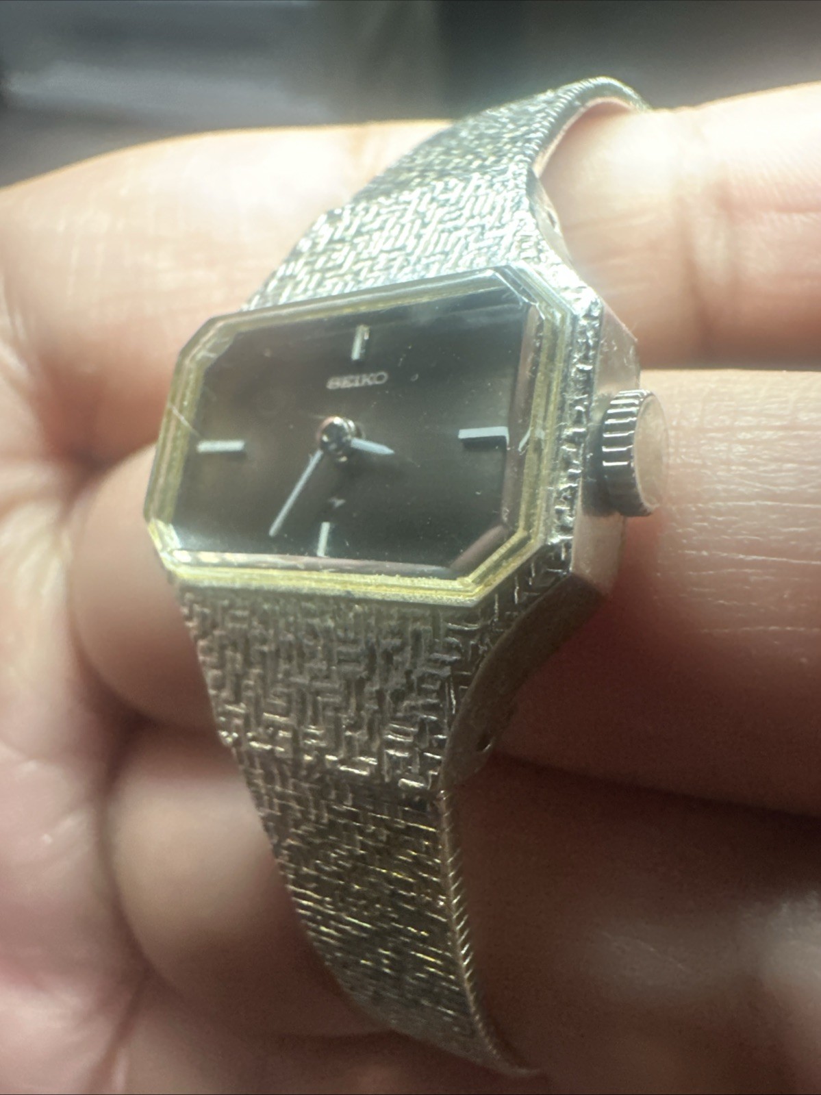 Working 1970s VTG Seiko Manual Wind Ladies Watch Silver/Black 21mm Fit 6in” Rare