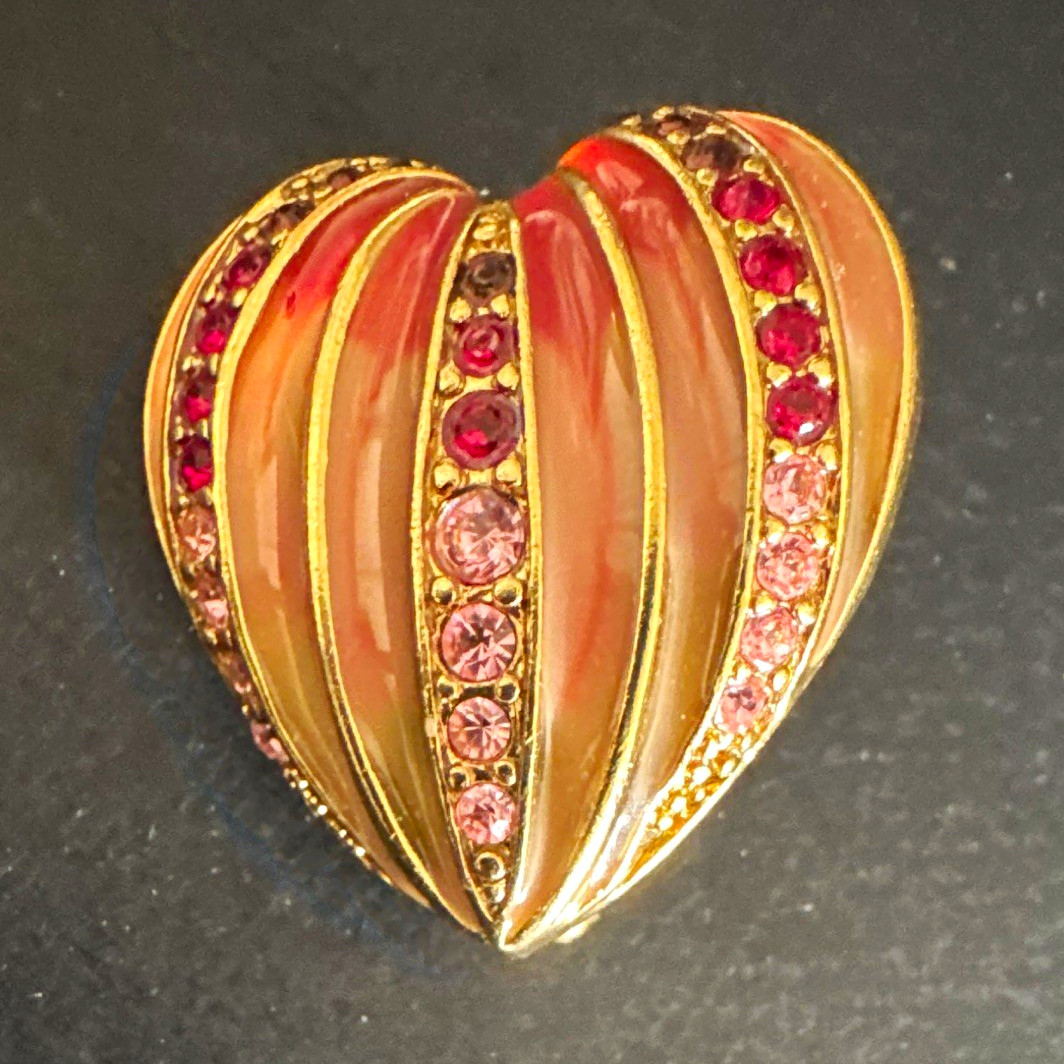 Gold Tone Heart Pin Brooch Pink Enamel Round Pink Red Rhinestone Signed Love