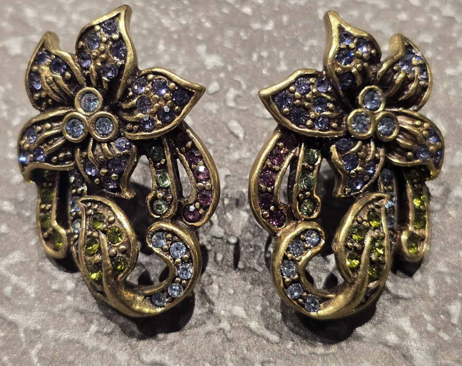 Heidi Daus Gold Tone Floral Pavé Crystal Stud Earrings Purple Green Butterfly