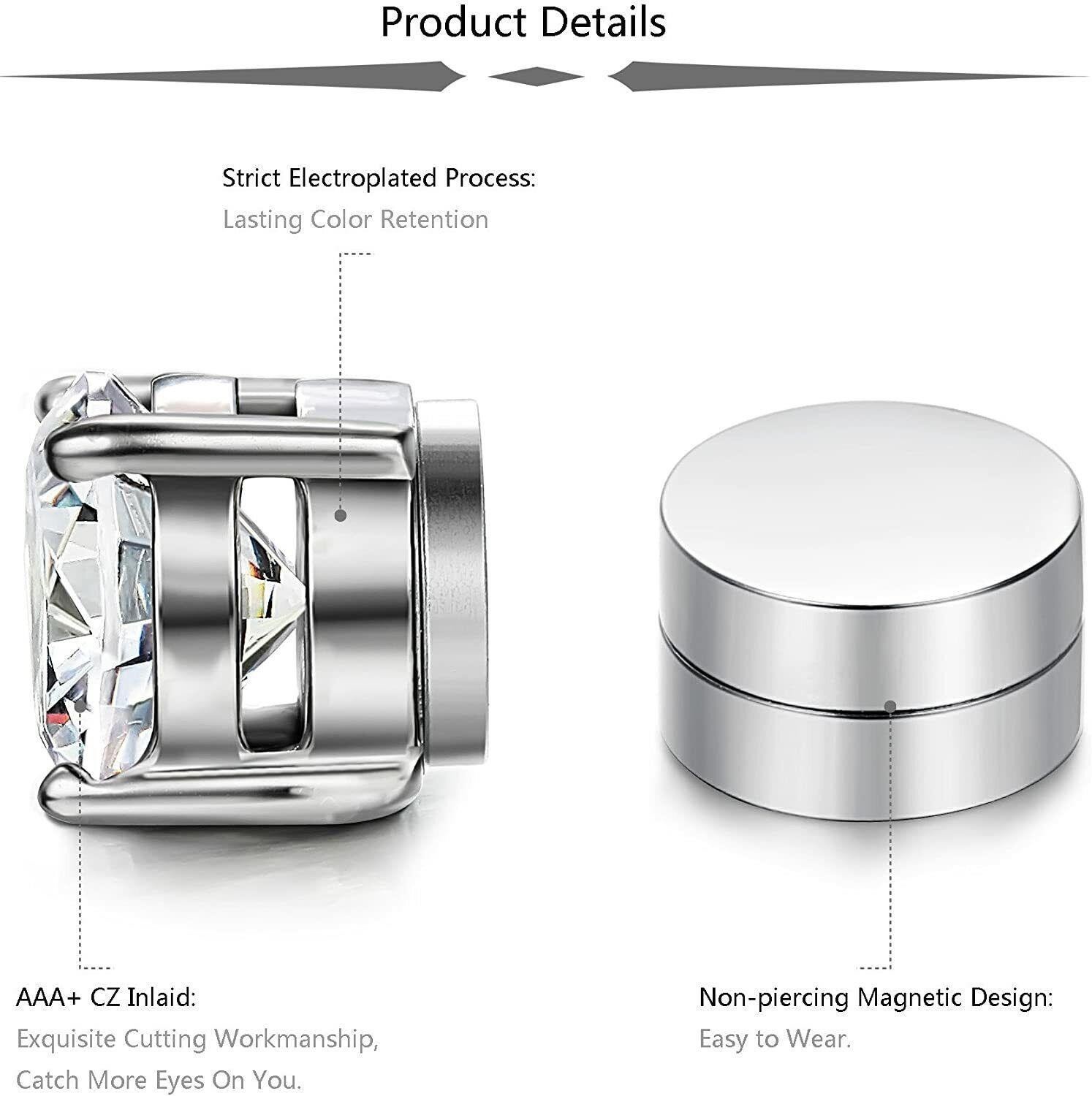 3 Pair Men Women Stainless Steel Magnetic Stud Earrings Non-Piercing Clip on E41