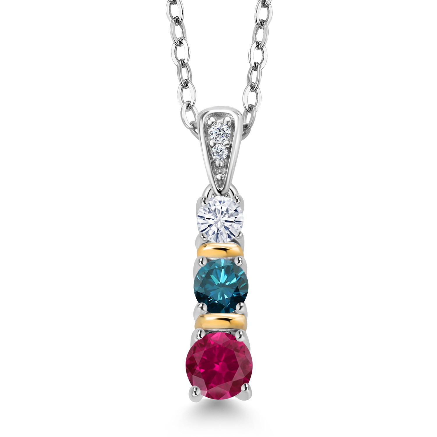 925 Silver and 10K Yellow Gold Created Ruby Blue Diamond and White Moissanite