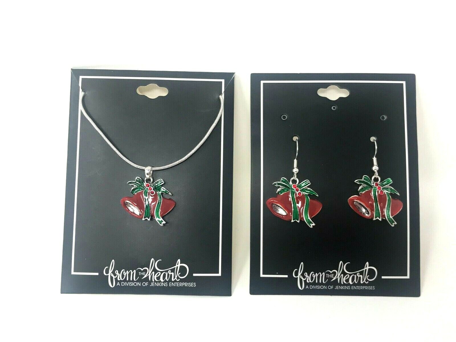 Christmas Holiday Jewelry Necklace & Earrings Set Christmas Bells Red Green