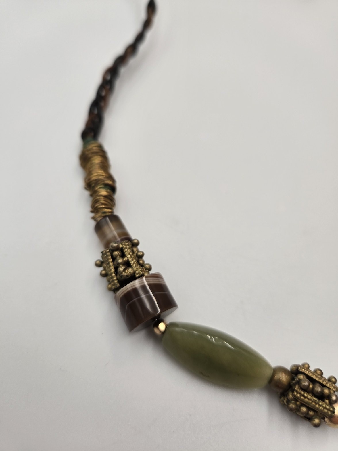 Boho Banded Agate style Brass color Beaded Braided Necklace western tribal 134