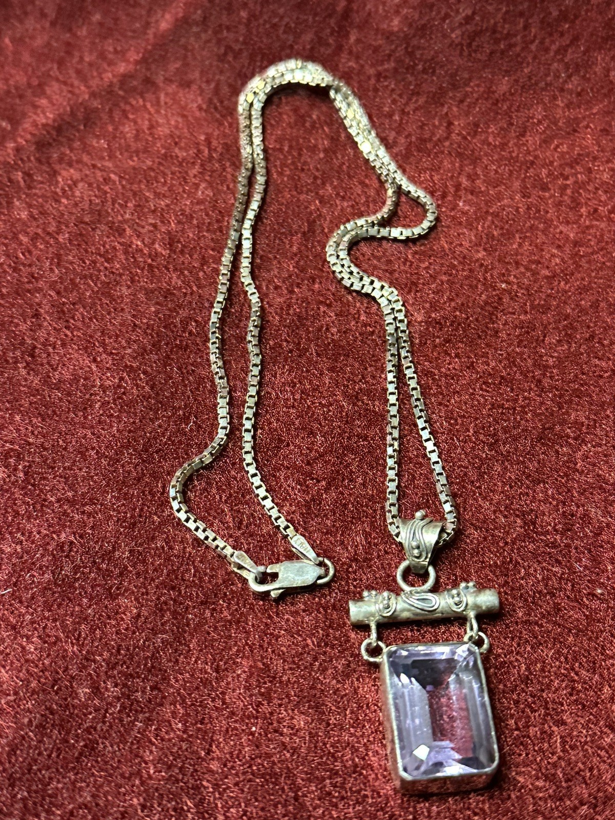 Lori Bonn Signed Sterling Silver 925 Amethyst Pendant 20” Box Necklace (1A2)