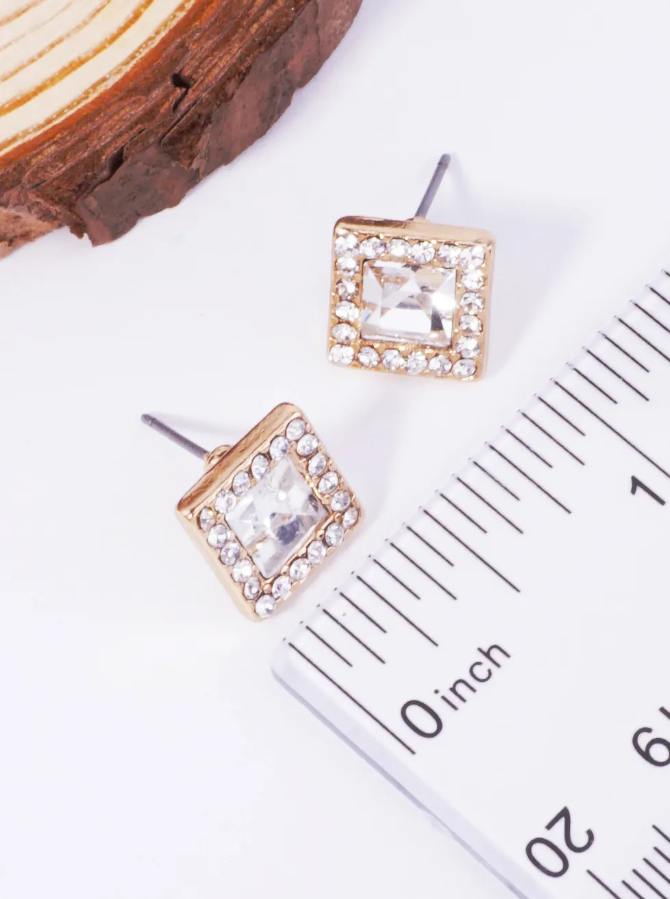 Square Glass Pavé Rhinestone Stud Earrings 0.4in, Gold or Silver Tone