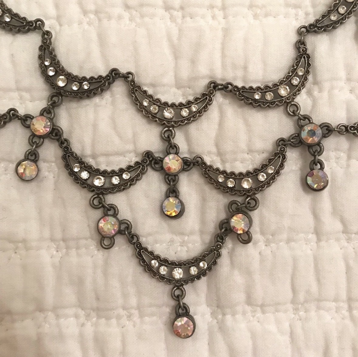 Vintage Crescent Scallop Necklace Iridescent Rhinestone Crystals Pewter Gunmetal