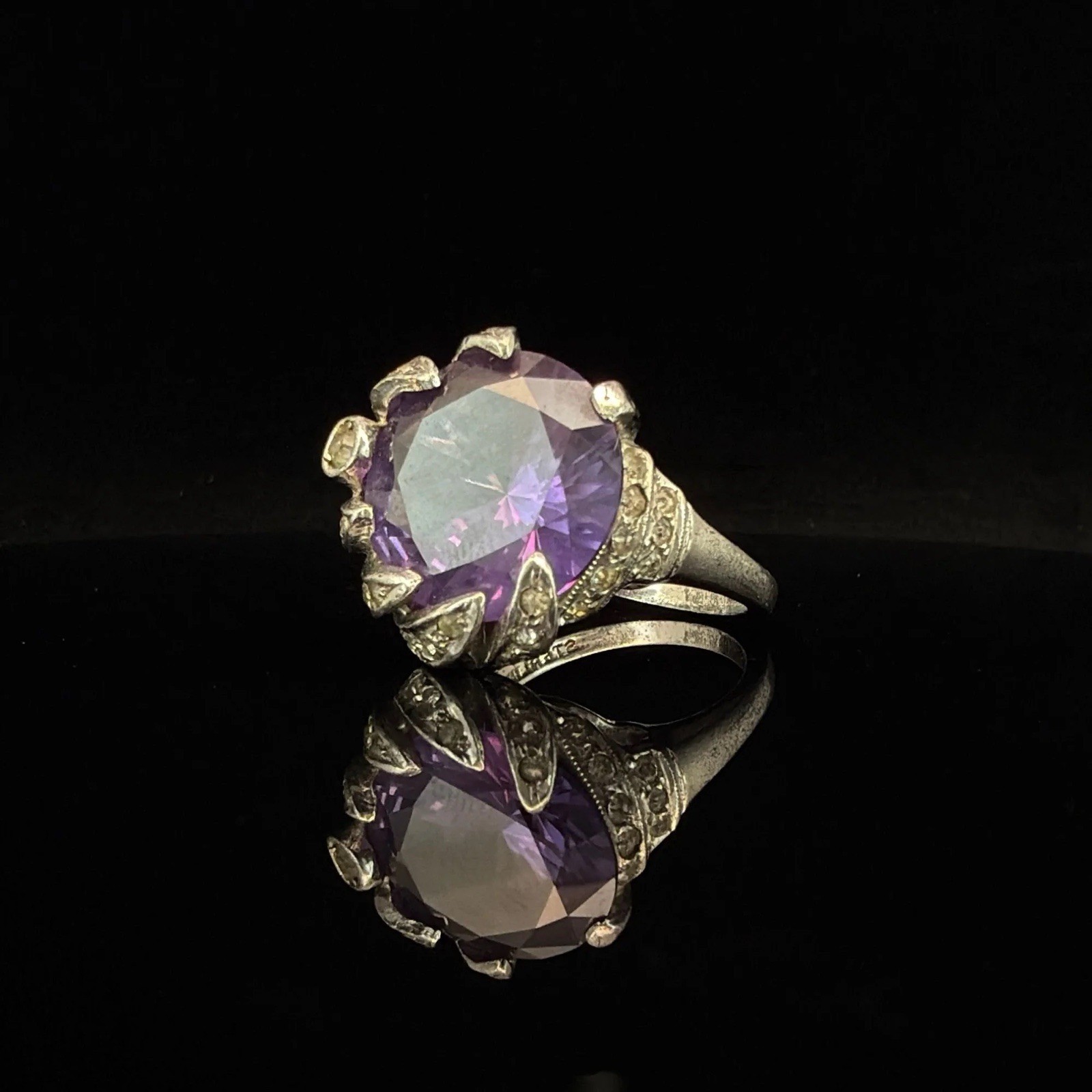 Vintage 1960-1970 Sterling Silver Ring with Large Faceted Purple Crystal Stone