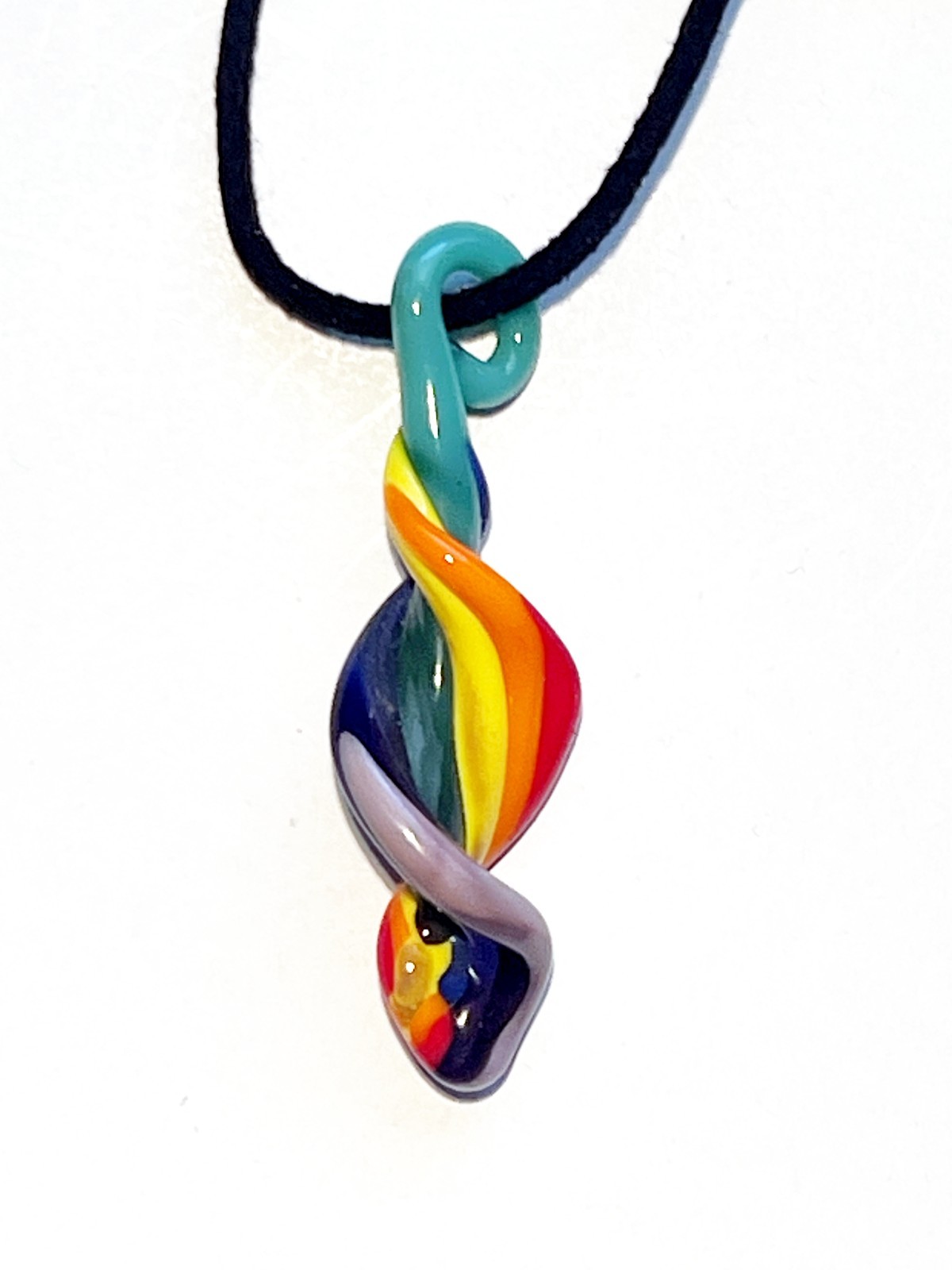 NEW Handcrafted 2 1/8″ RAINBOW TWIST Glass PENDANT 18″ Necklace Gay Pride Month