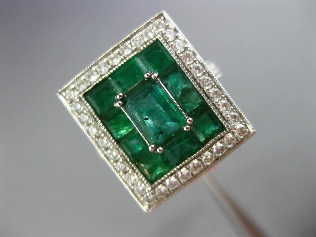 LARGE 3.24CT DIAMOND & AAA COLOMBIAN EMERALD 18K WHITE GOLD FILIGREE SQUARE RING