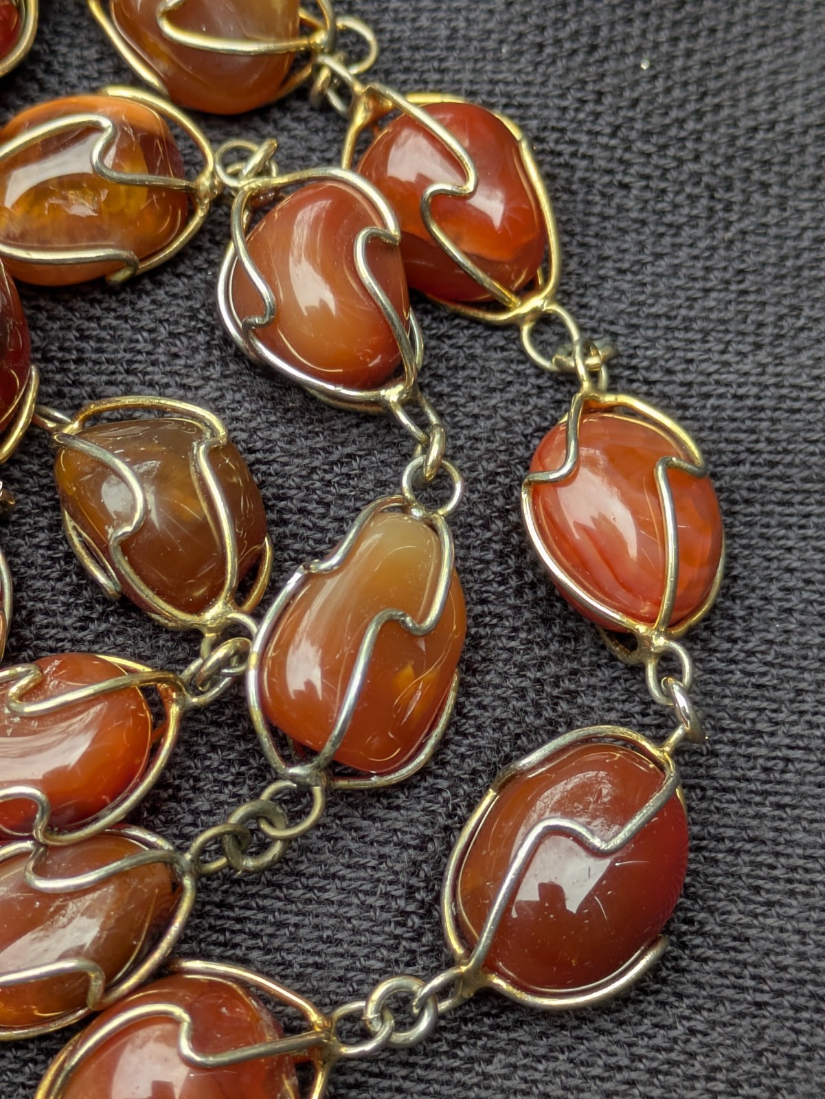 Wire Wrapped Tumbled Banded Agate 32.5″ Necklace ~ Red Orange Brown Gemstone F19