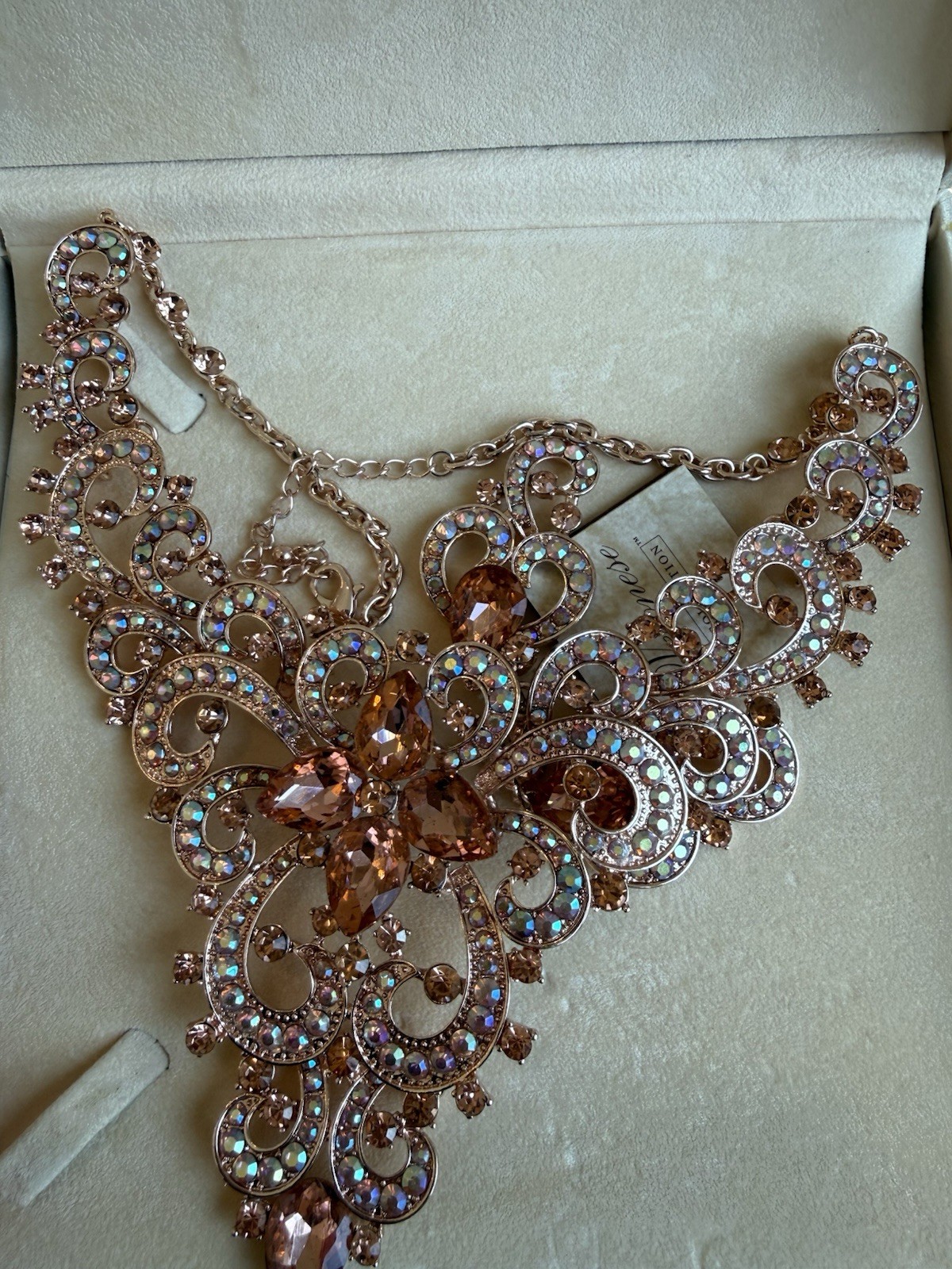 New Peach Rhinestone Wedding, Bridal, Prom Or Pagent Set With Matching Earrings