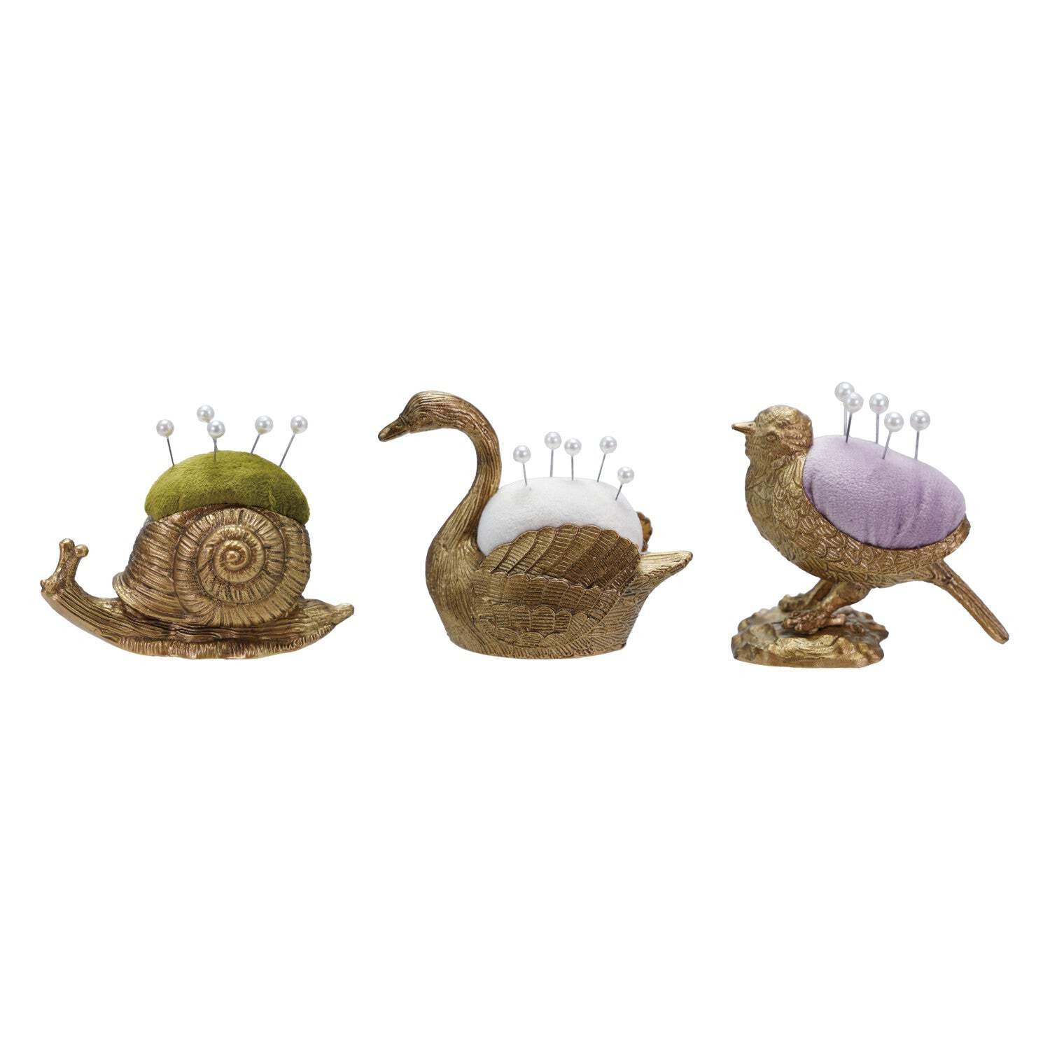 Gold Snail Swan & Bird Velvet Pin Cushion with 5 Pearl Head Pins