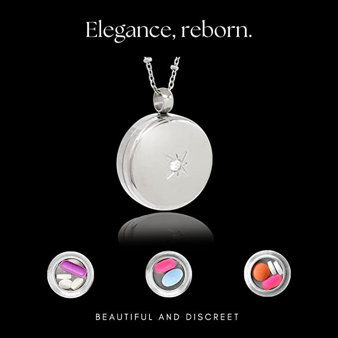 Round Pill Locket Necklace, Secure Waterproof Closure Med Box Jewelry, 26″ Chain