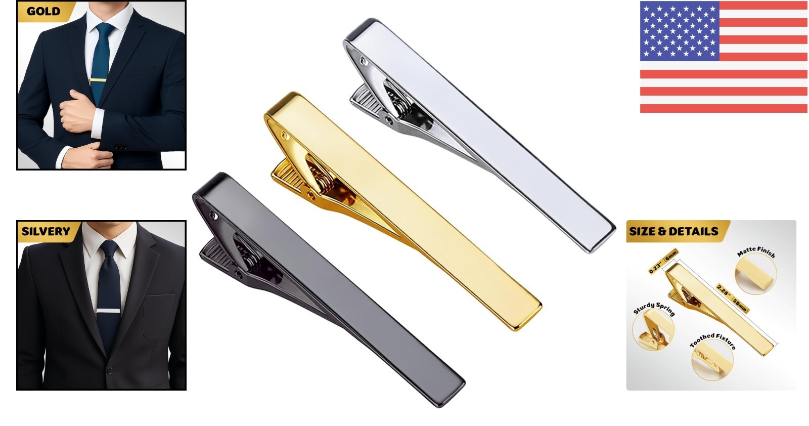 Classic 3 Pack Tie Clips – Gold, Silver & Black Matte Finish for Every Occasion