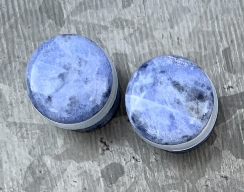 PAIR Single Flare Sodalite Stone Plugs Blue Organic Gauges Earlets Body Jewelry