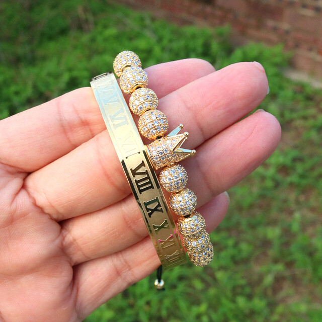 3Pcs Stainless Steel Bracelets Set Luxury Gold Roman Numeral Bangle Jewelry Gift