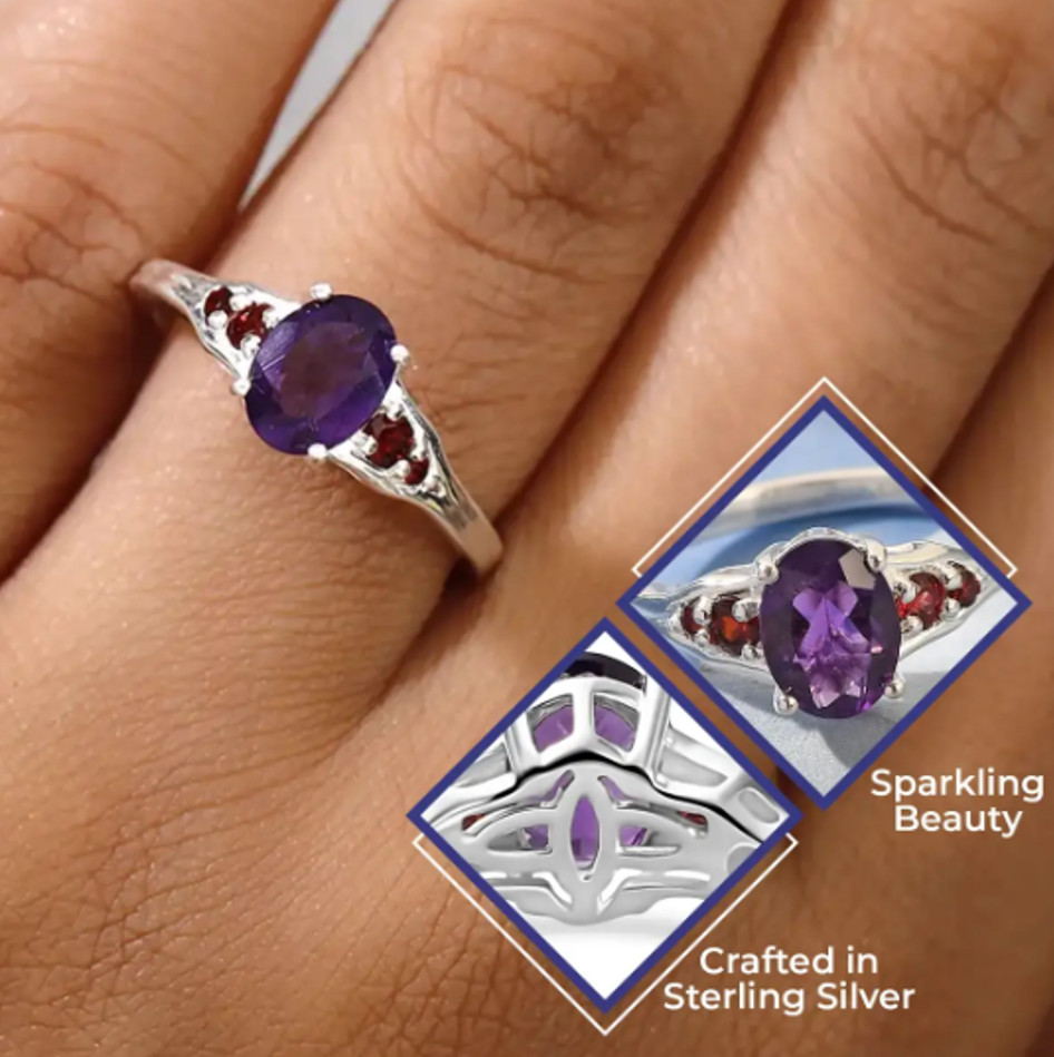 AMETHYST & MOZAMBIQUE GARNET In STERLING SILVER, ENGAGEMENT RING, SIZE 9.0