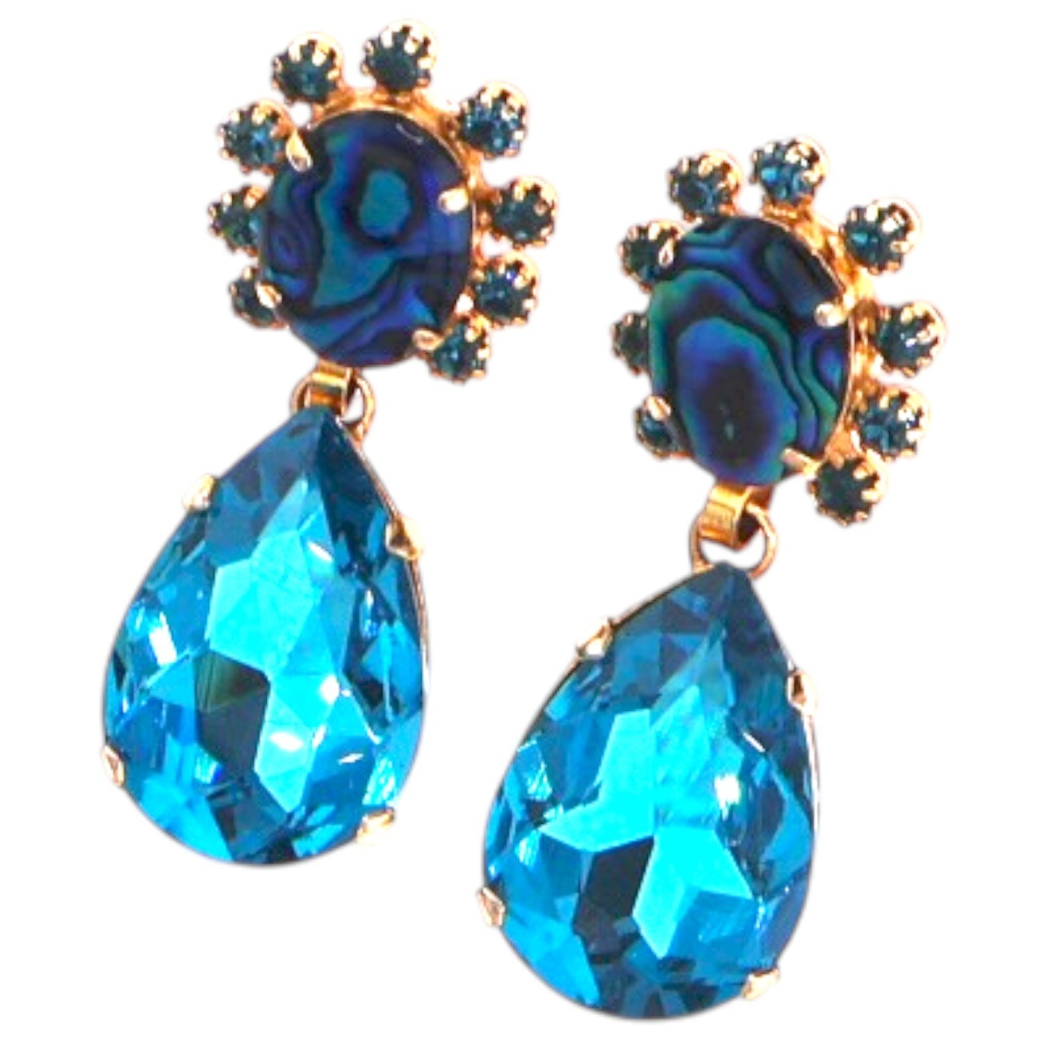 Elizabeth Cole Seraphina Halo Drop Earrings Teal Crystal Abalone EUC