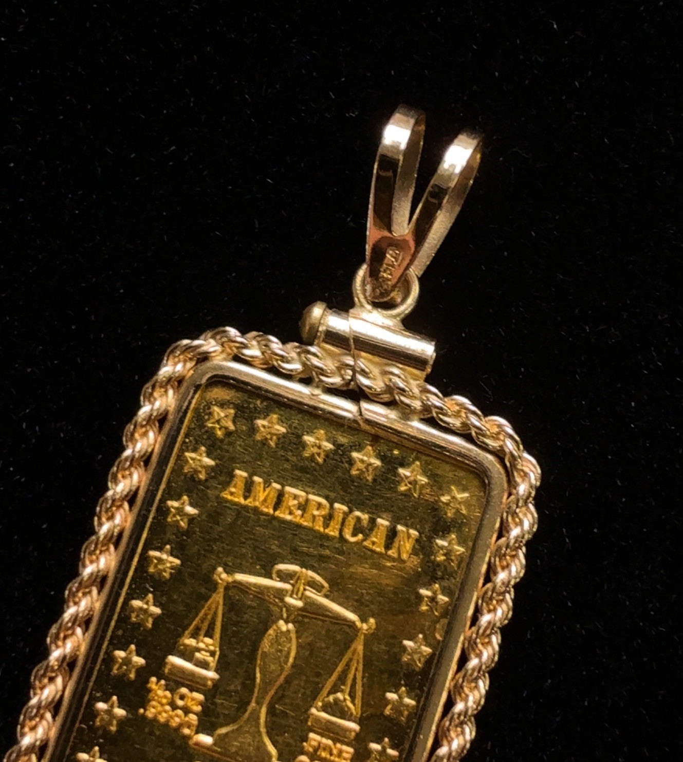 Vintage American Gold Bullion 1/10oz .999 Fine Gold Bar in 14k Rope Bezel 4.95g