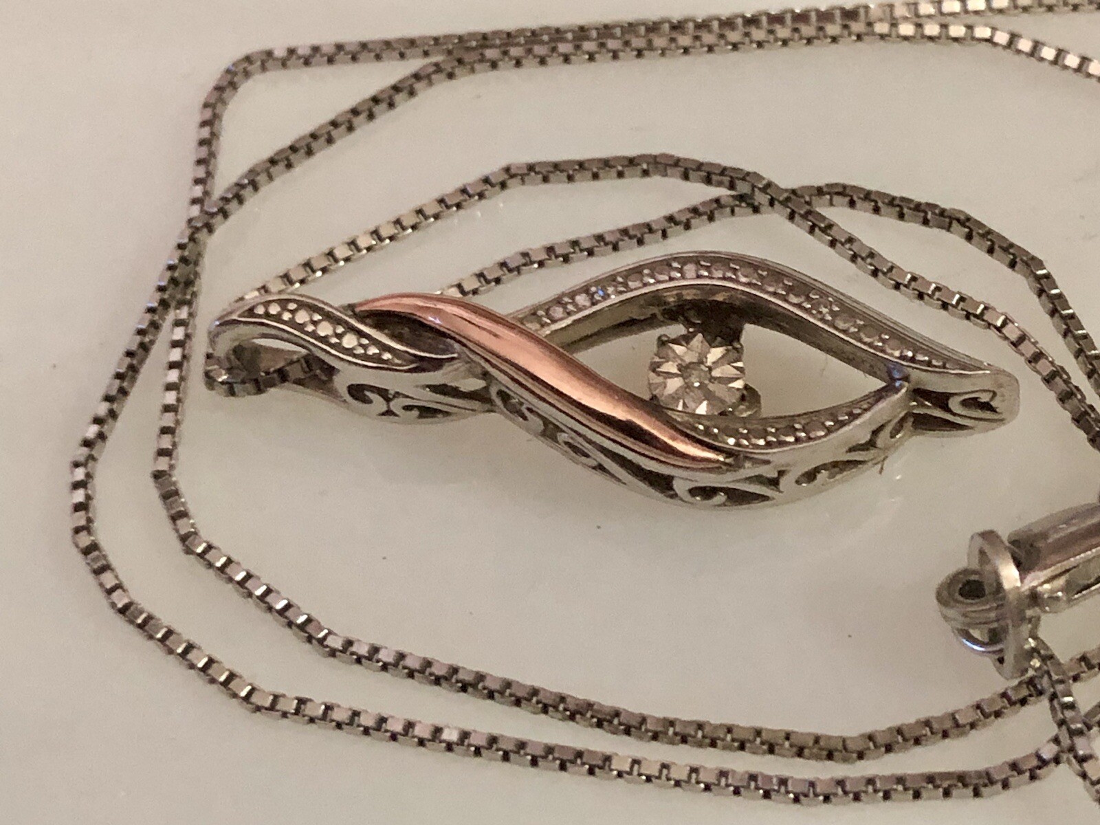 OTC Sterling 10k Rose Gold Infinity Pendant Sterling Box Chain Motion Diamond