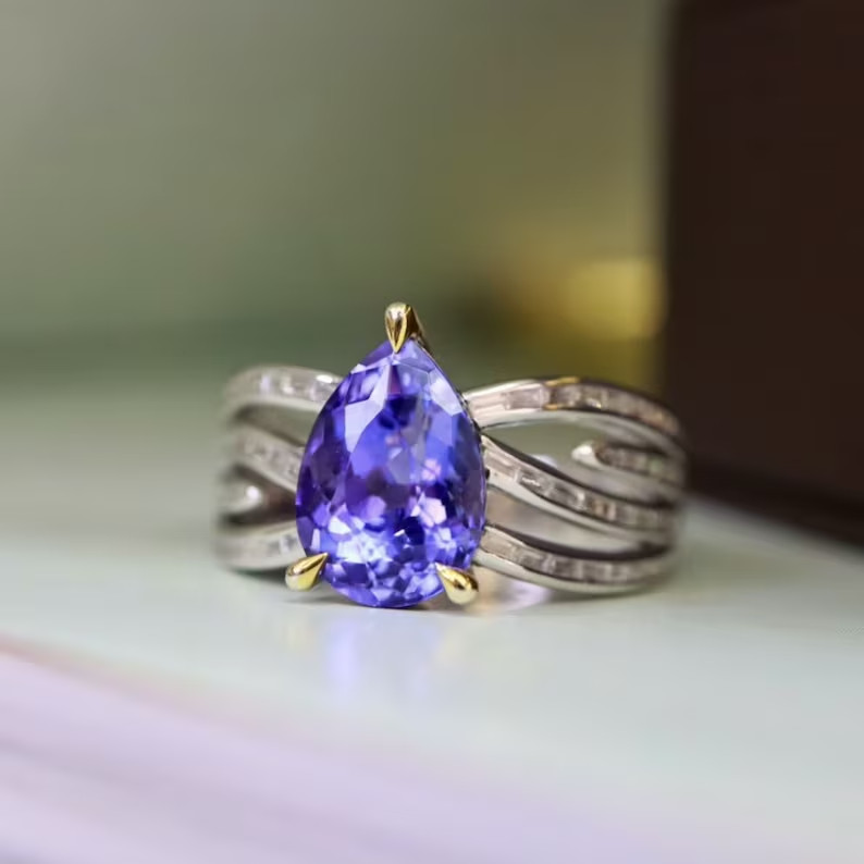 4.70Ct Pear Cut Natural Tanzanite & Diamond Real 950 Platinum Luxurious Ring
