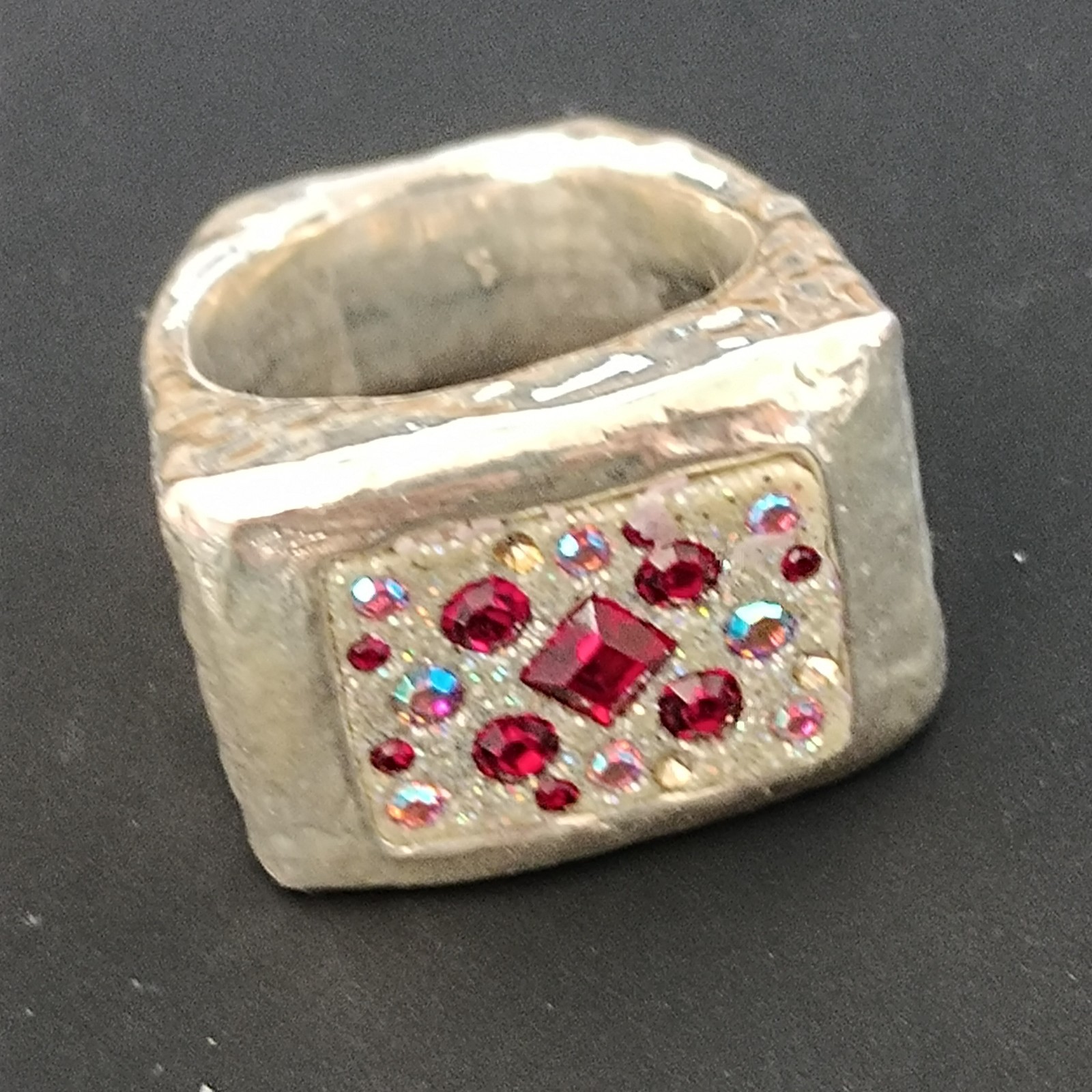Chunky Silver Statement Ring Hammered Puffy Dramatic Bold Red Orit Schatzman 925