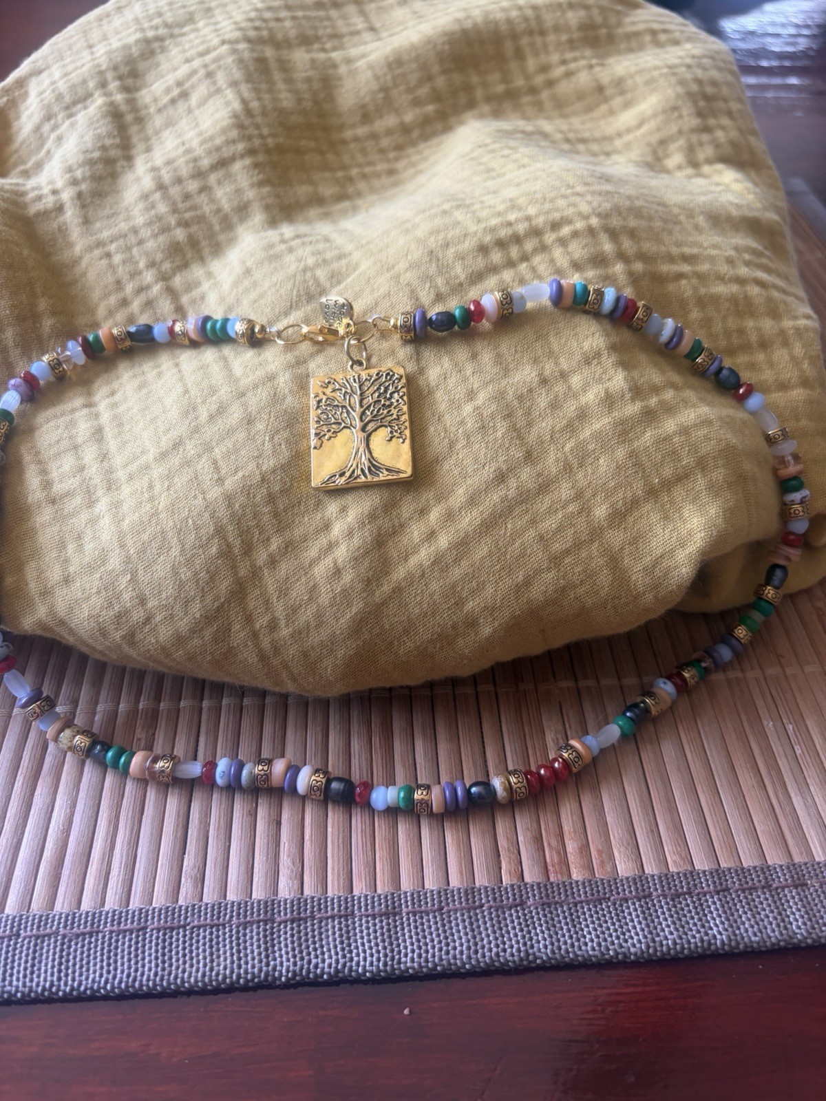 Handmade Multicolor Beaded Necklace Tree of Life Pendant Lobster 20 in