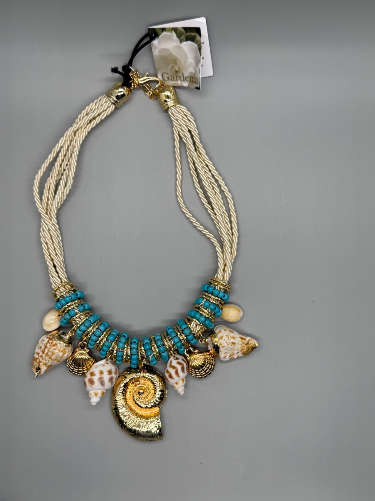 GARDENIA JEWELRY Seashell & Charm Necklace Turquoise Color Beads NWT
