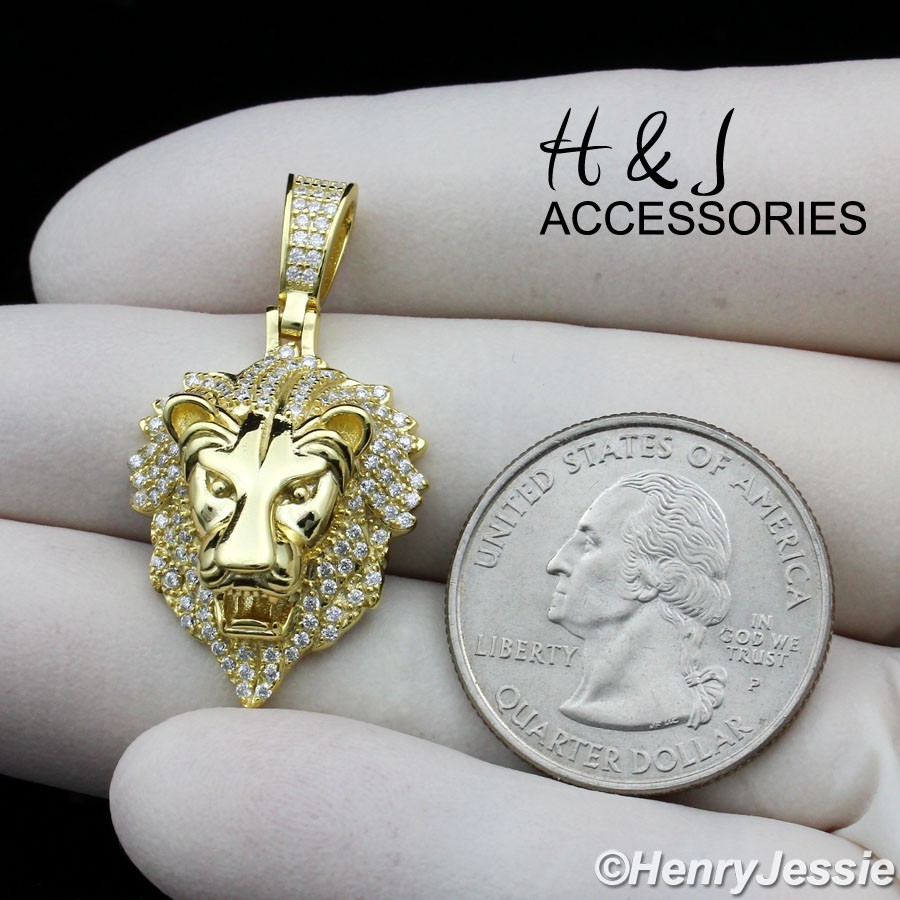 MEN 925 STERLING SILVER BLING MOISSANITE GOLD PLATED 3D LION FACE PENDANT*AGP559