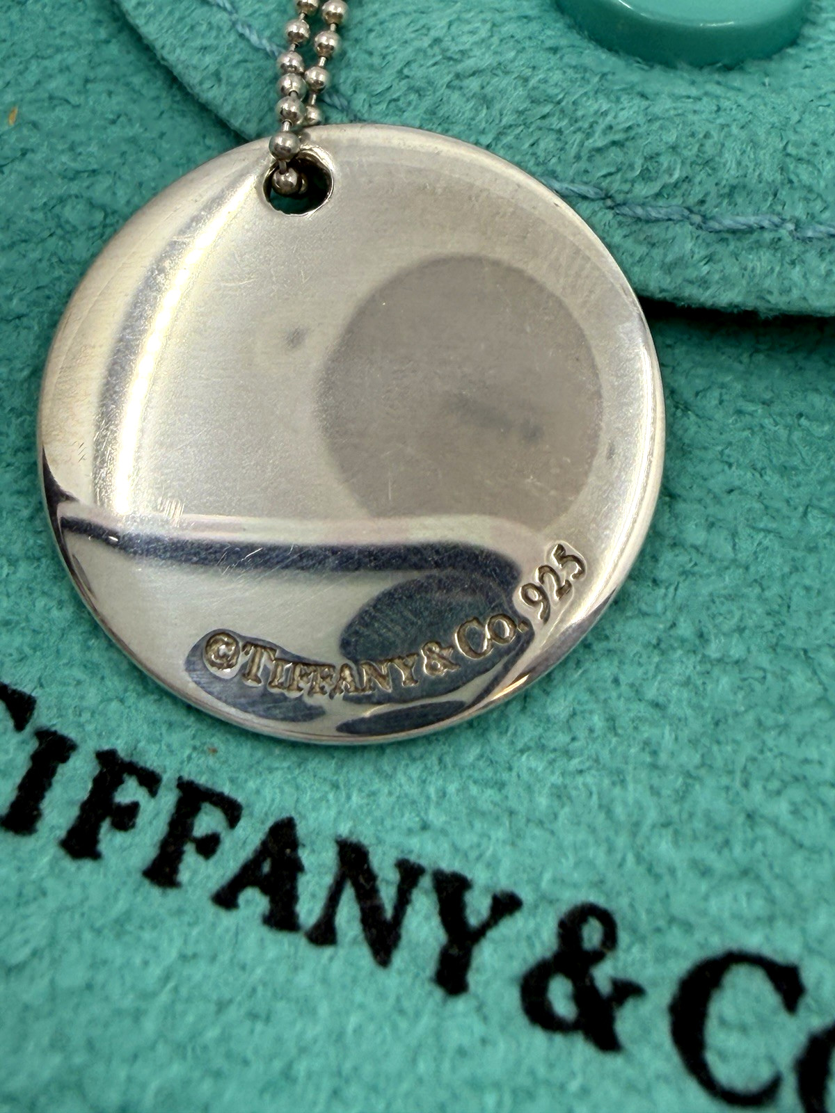 925 Tiffany & Co. Initial “M” Disc Pendant Beaded Necklace 18 Inches 6.3 grams