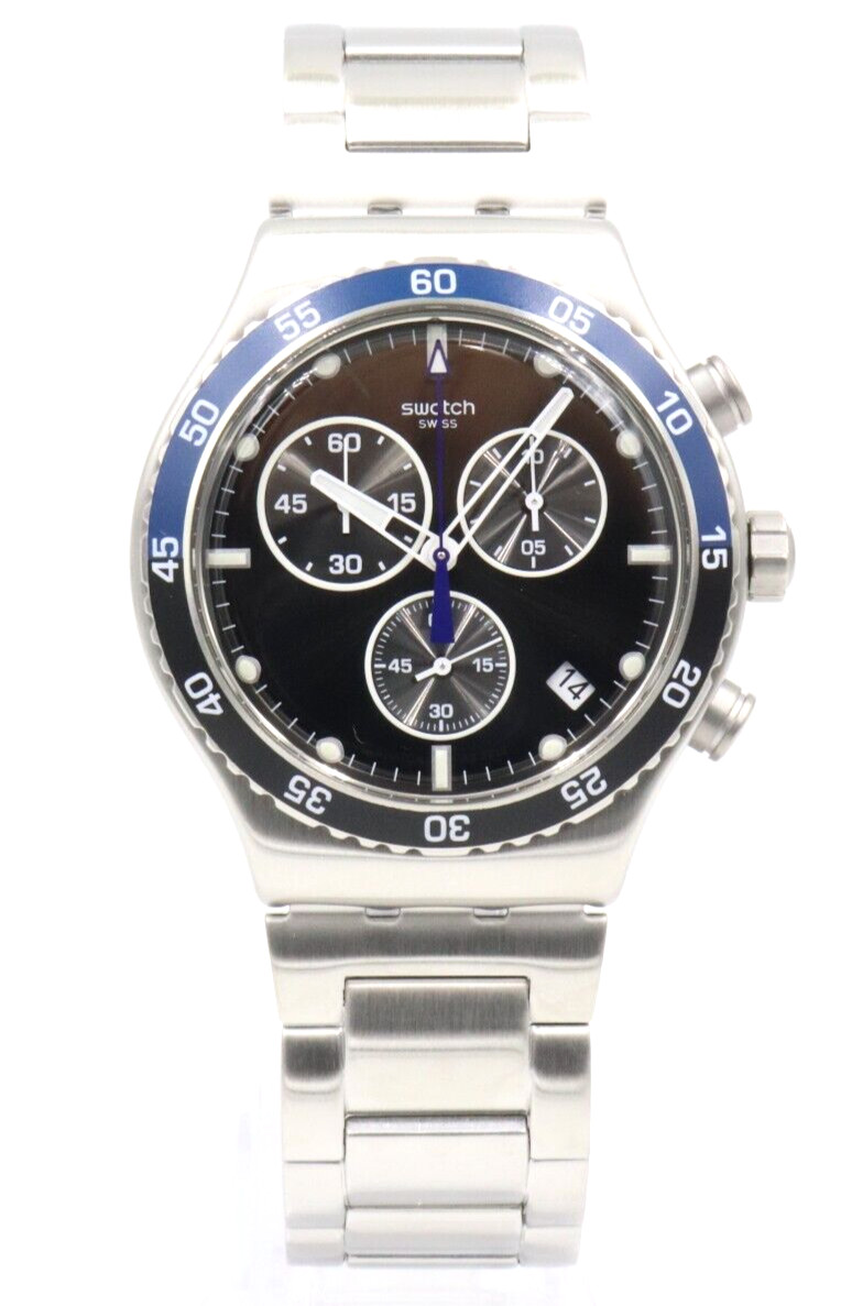 New Swiss Swatch DARK BLUE IRONY Steel Chronograph Men Watch 45mm YVS507G $210