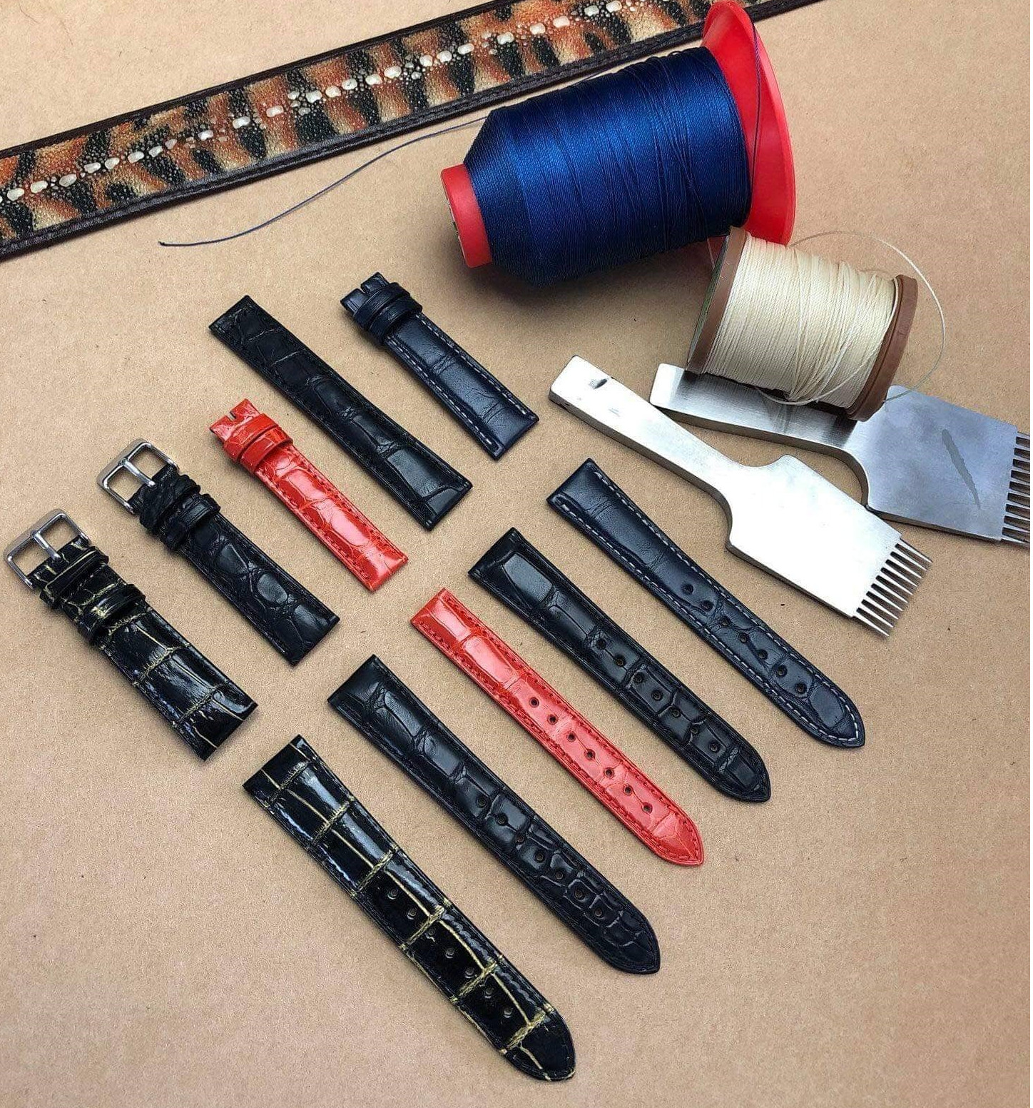 19mm Black Flat Leather Watch Band Genuine Crocodile Watch Strap Gold Buckle