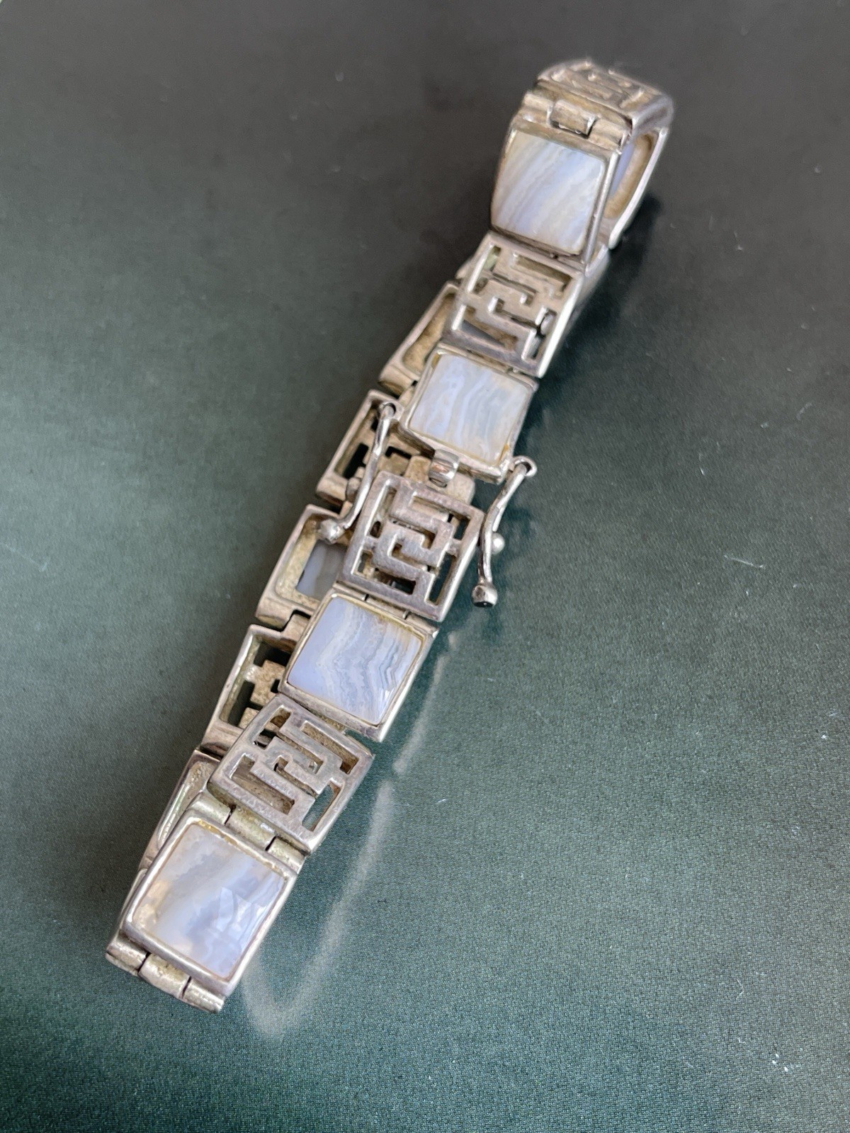 Vintage sterling silver 925 Greek key link bracewith white chalcedony panels