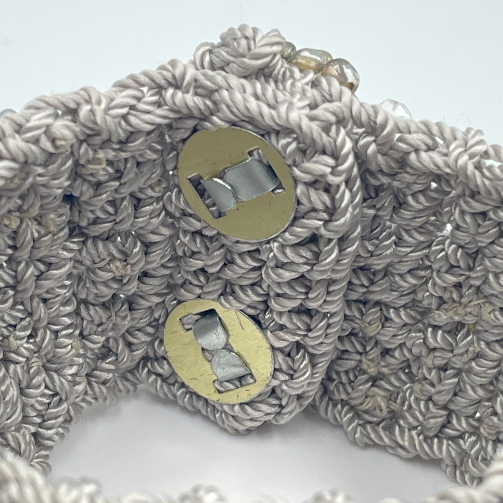 VTG Y2k Crochet Cuff Bracelet Grey Beaded Eclectic Charm Statement Wristband