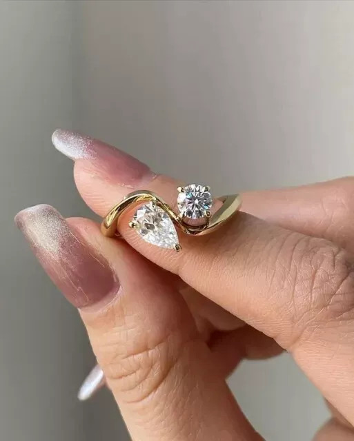 Pear and Round Cut Moissanite Toi Et Moi Engagement Ring 14K Yellow Gold Plated