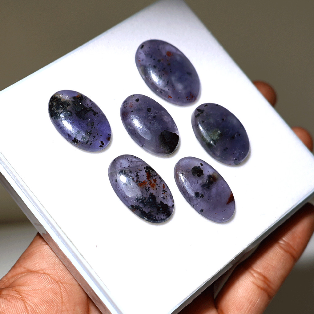 6 PC Violet Mist Iolite Cabochon Set– Indigo Stones w/ Hematite Flecks – 23-27mm