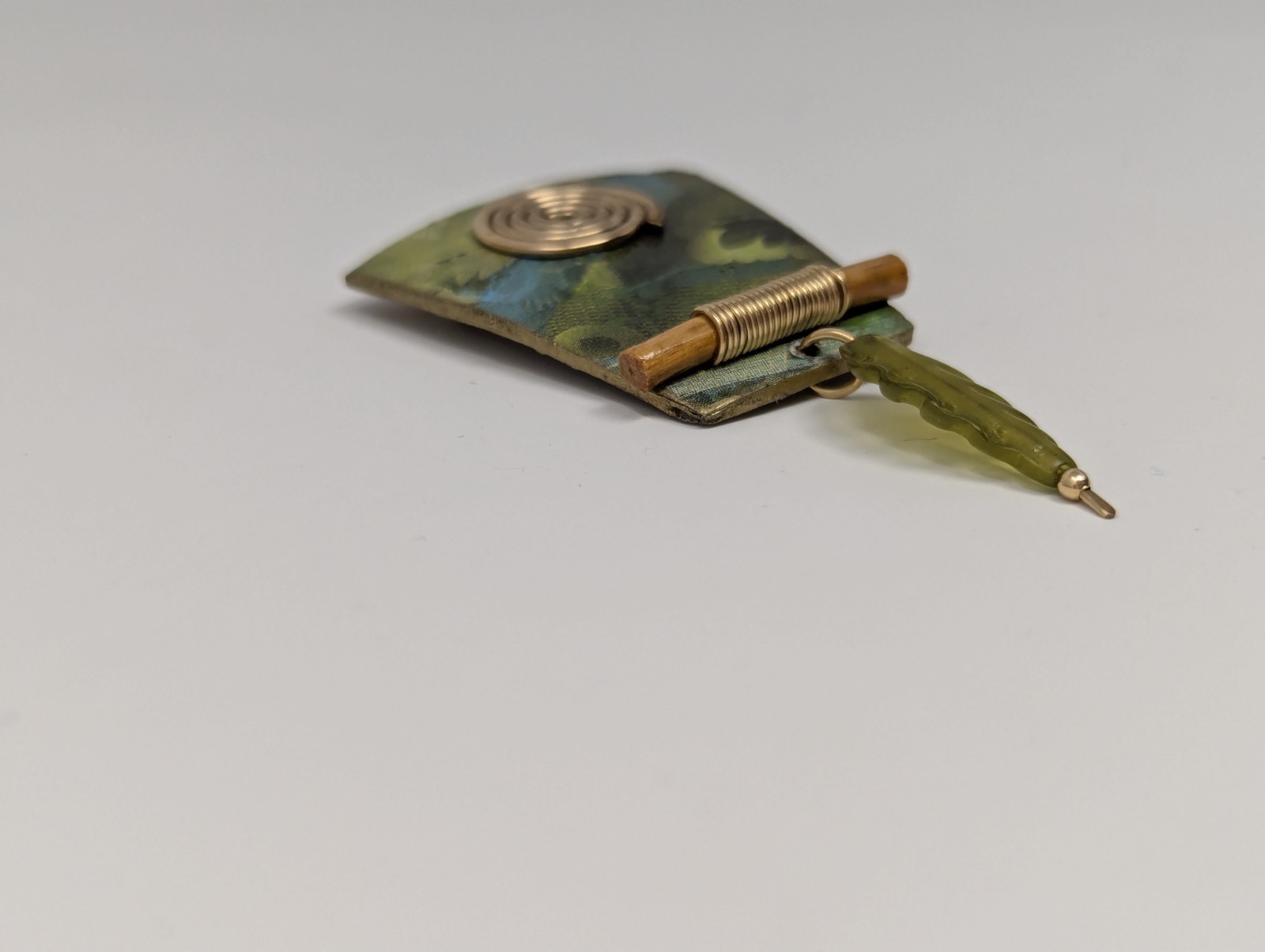 Suzan R Mixed Media Brooch Artisan Studio Jewelry Fabric Metal Leaf Dangle 2.5″