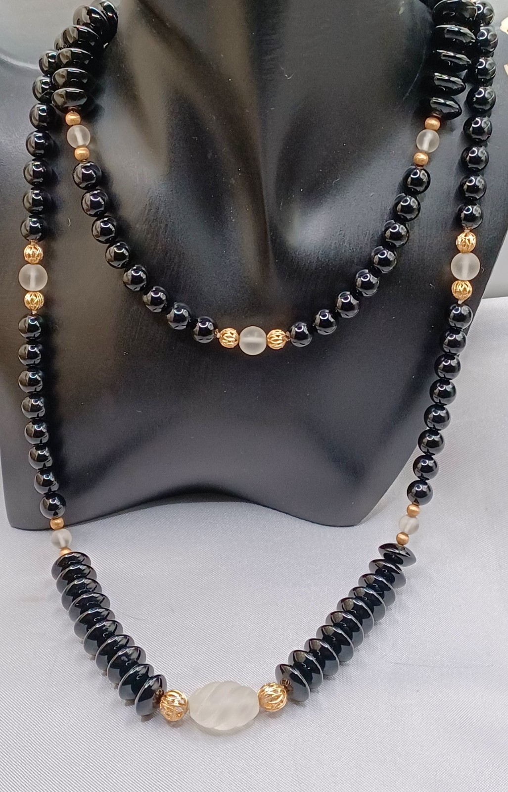 Black Glass Beaded Necklace Gold Tone Filigree & Frosted Glass Accents 38.5″