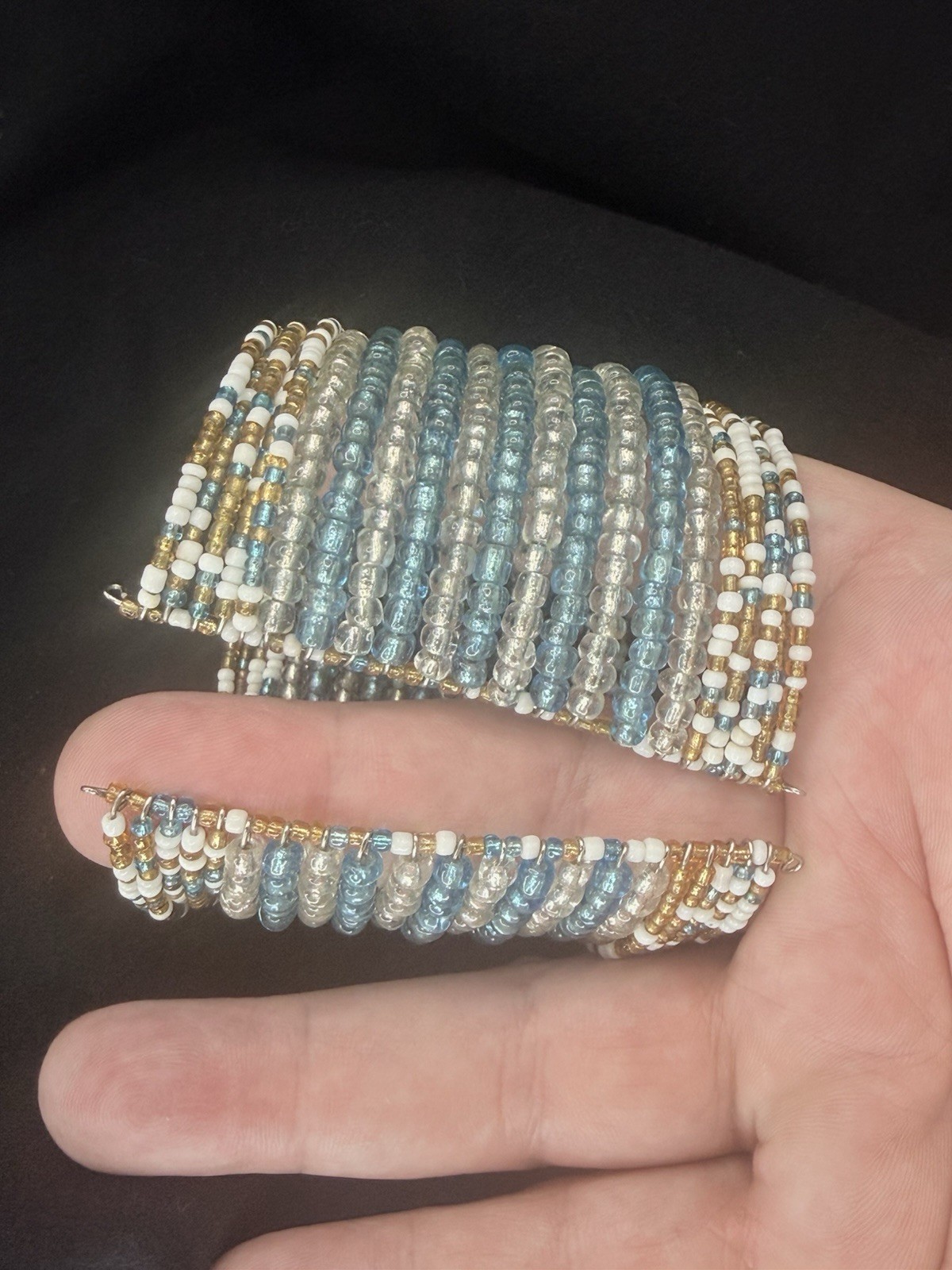 Blue White Gold Glass Seed Bead Wrap Cuff Bracelet, Multi-Strand, Stackable