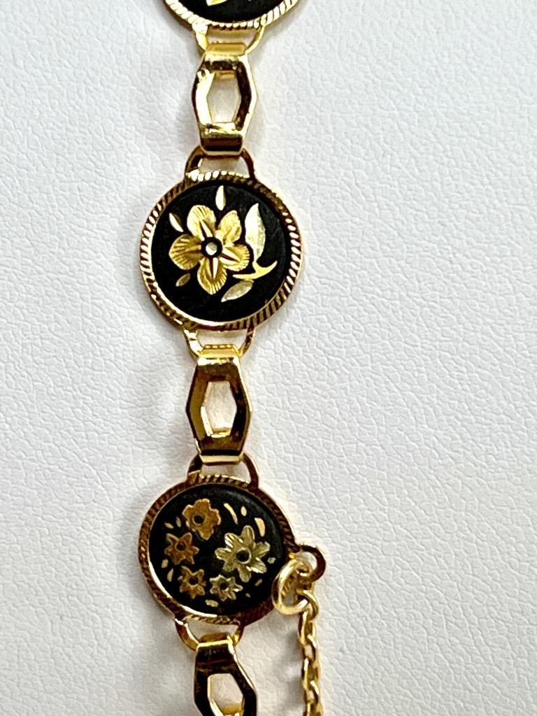 Vintage ia Midas Damascene Toledo Spain Round Link Bracelet with Flowers #30-8