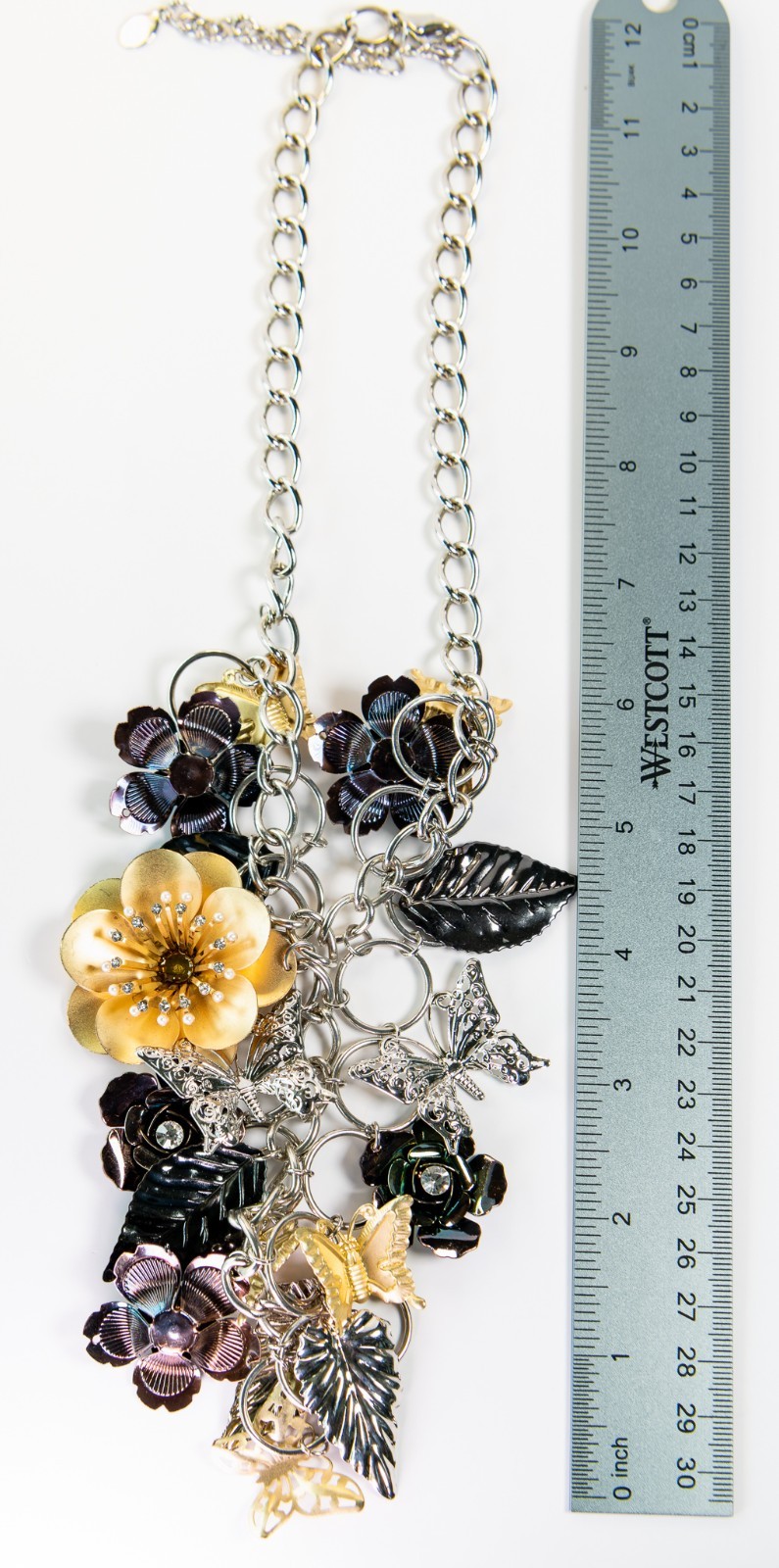 Mixed Metal Floral Statement Necklace Butterfly Flower Cluster Bib Chunky Rhines