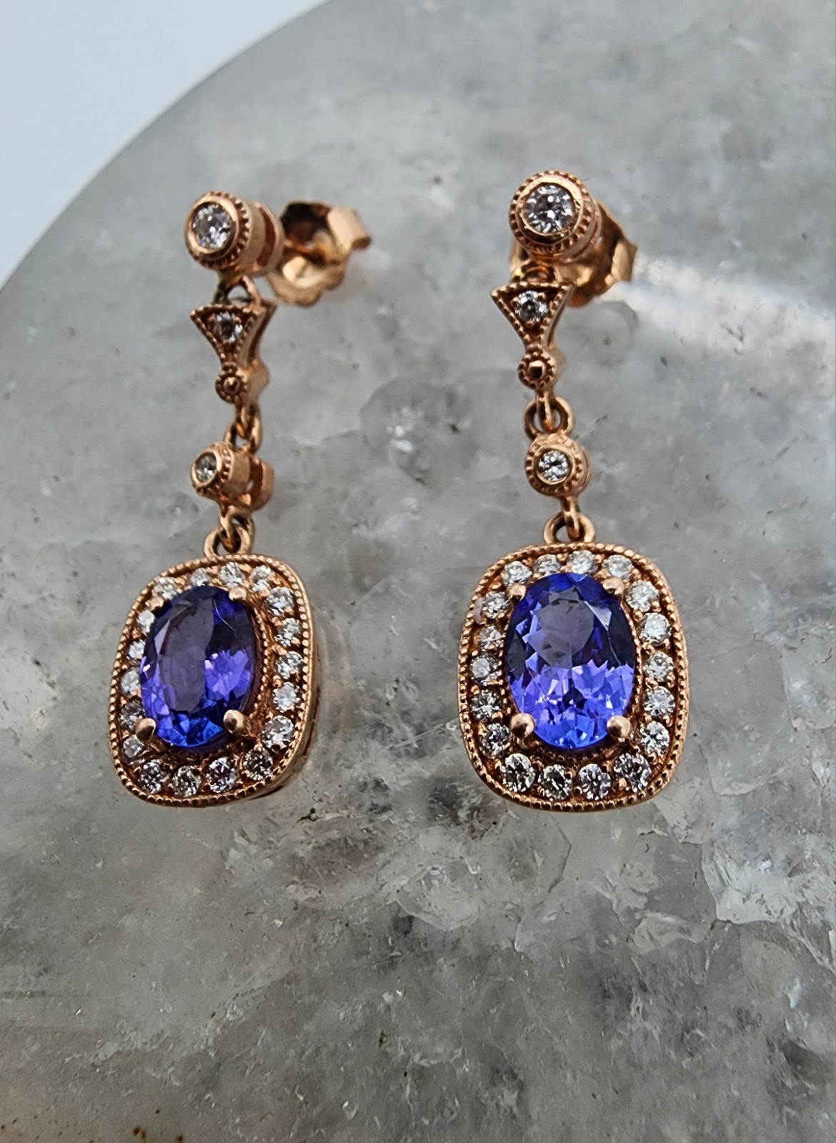 14k .585 Rose Gold EFFY Tanzanite Diamond Dangle Drop Earrings Au 2637