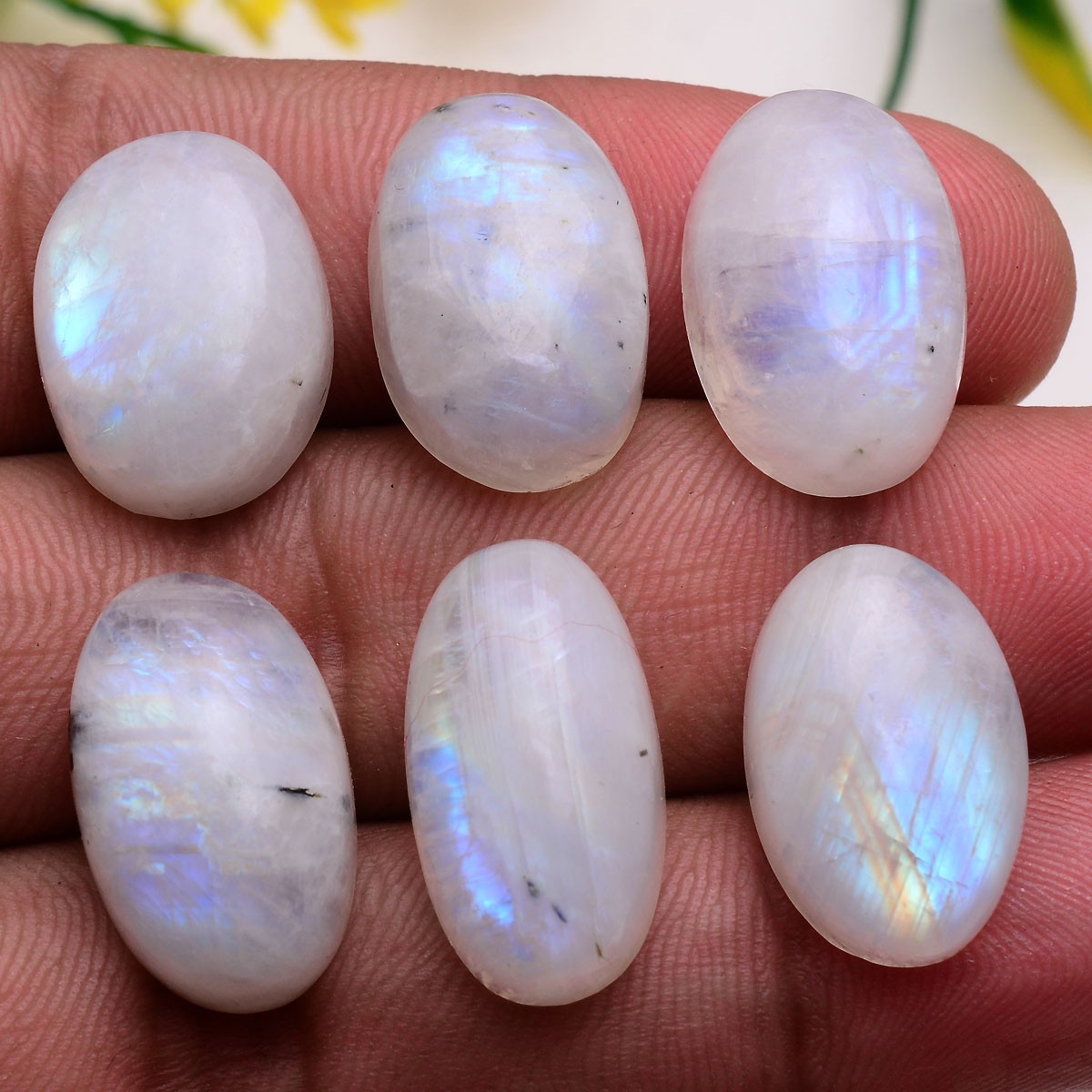 6 Pcs Natural Blue Shine Moonstone Untreated 18mm-21mm Oval Cabochon Gemstones
