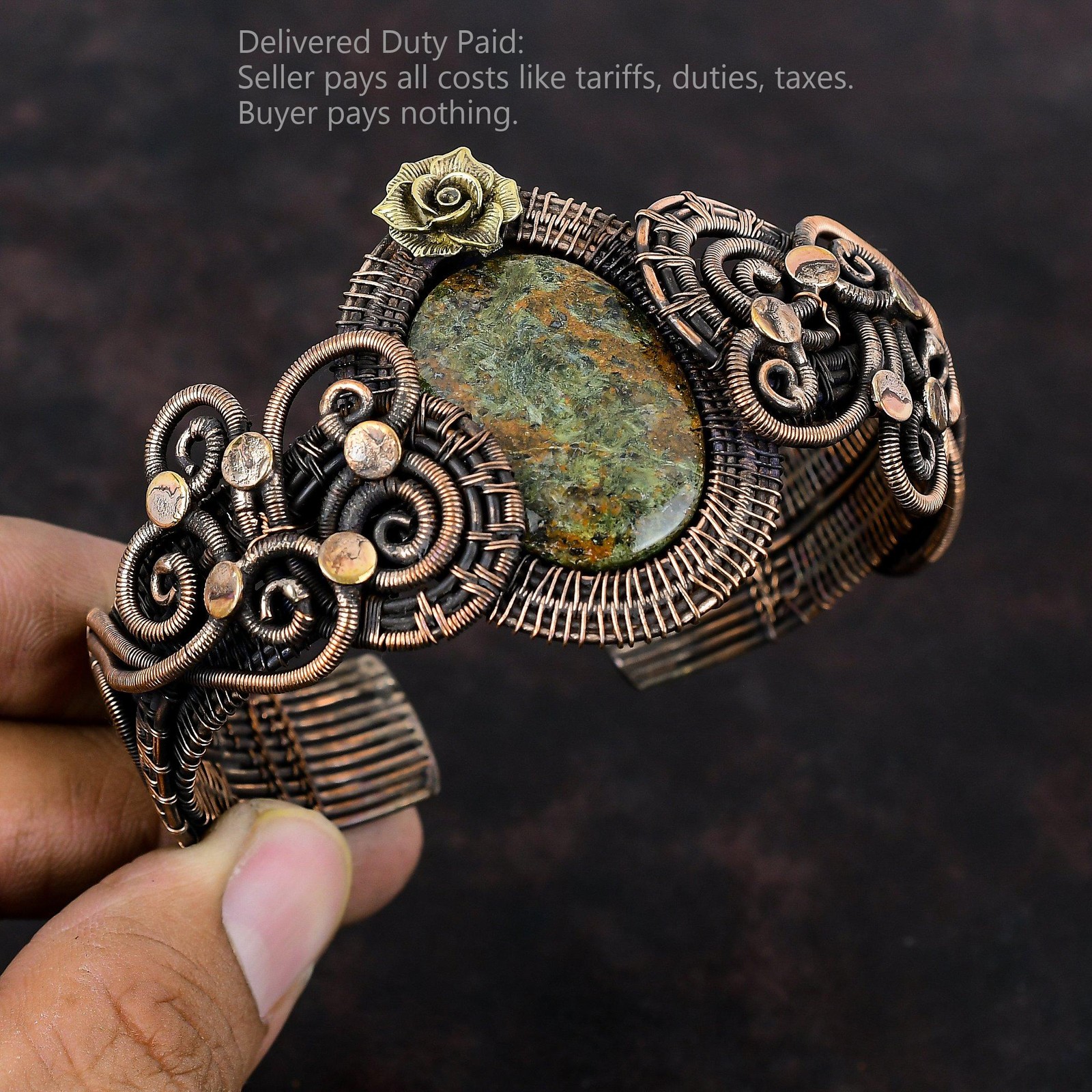 Spessartine Garnet in Limestone Gemstone Wire Wrapped Flower Cuff Jewelry Copper