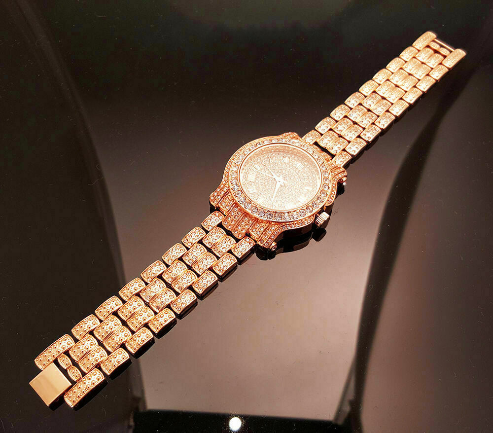 Men Hip Hop Iced Icy Rose Gold Bling Lab Diamond Rapper Bling Metal Luxury Watch